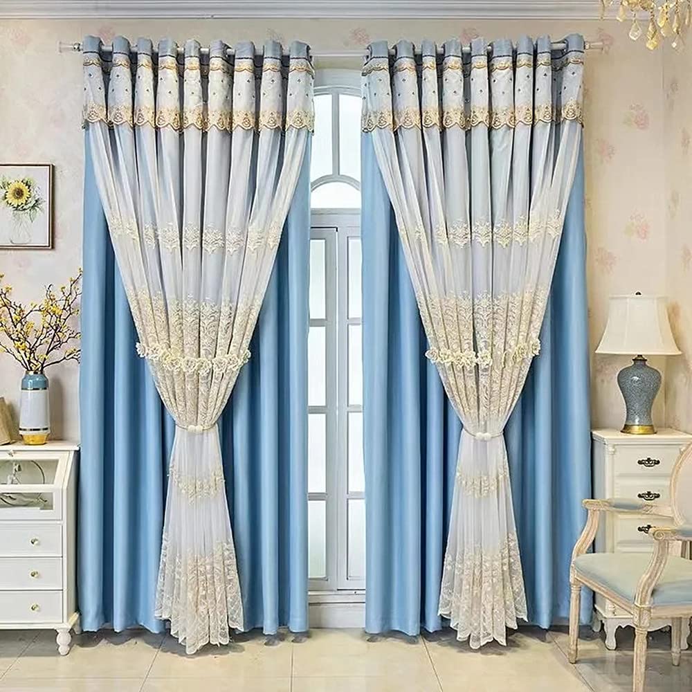 Amidoudou 1 Pair European Double Layer Curtains with Valances for Living Room Bedroom Luxury 3D Flower Embroidered Curtains (Blue,52x90 Inch)