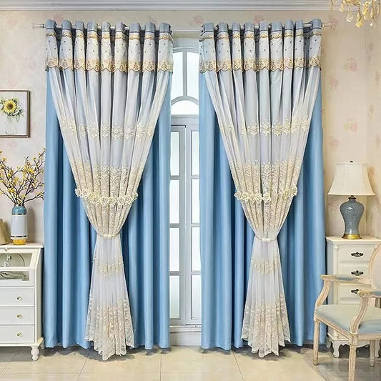 Amidoudou 1 Pair European Double Layer Curtains with Valances for Living Room Bedroom Luxury 3D Flower Embroidered Curtains (Blue,52x90 Inch)