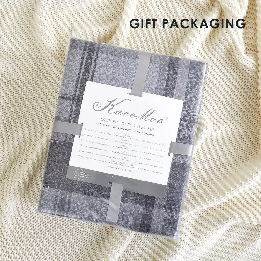 KACEMOO California King Size Bed Sheets Set 4PC - Soft Cooling 1800 Thread Microfiber Count Printed Sheet, 8-17 Inch Deep Pocket Breathes Better, Hypoallergenic, Grey Plaid Patterned Double Bedding
