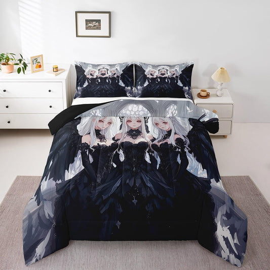 Erosebridal Japanese Anime Full Size Comforter Set, Anime Girl Bedding Set Kawaii Japanese Style Quilt Cartoon Japan Animation Duvet Insert for Boys Teens Adult Women Bedroom Decor, Black