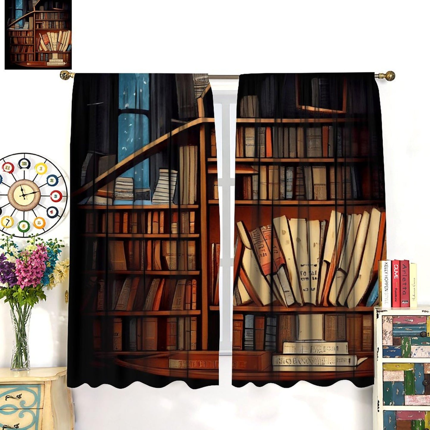 Nsbul Library Bookshelf Blakout Curtains Vintage Bookcase Retro Bookshelf Room Curtains Window Drapes for Bedroom Living Room, 42" W X 45" L (No Blackout)