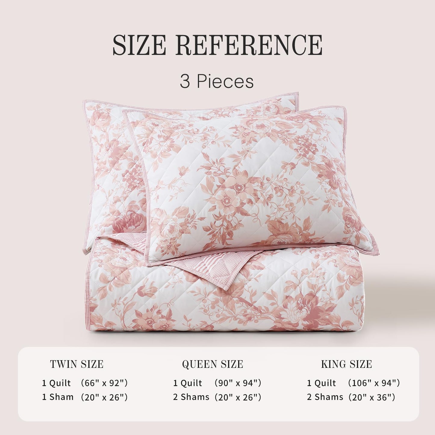 BLOOMHAVEN Quilt Set King Size, Dusty Rose Floral Quilt Sets, Reversible Bedspread Lightweight and Breathable for All Seasons, Soft Quilted Bedspread with 2 Pillow Shams