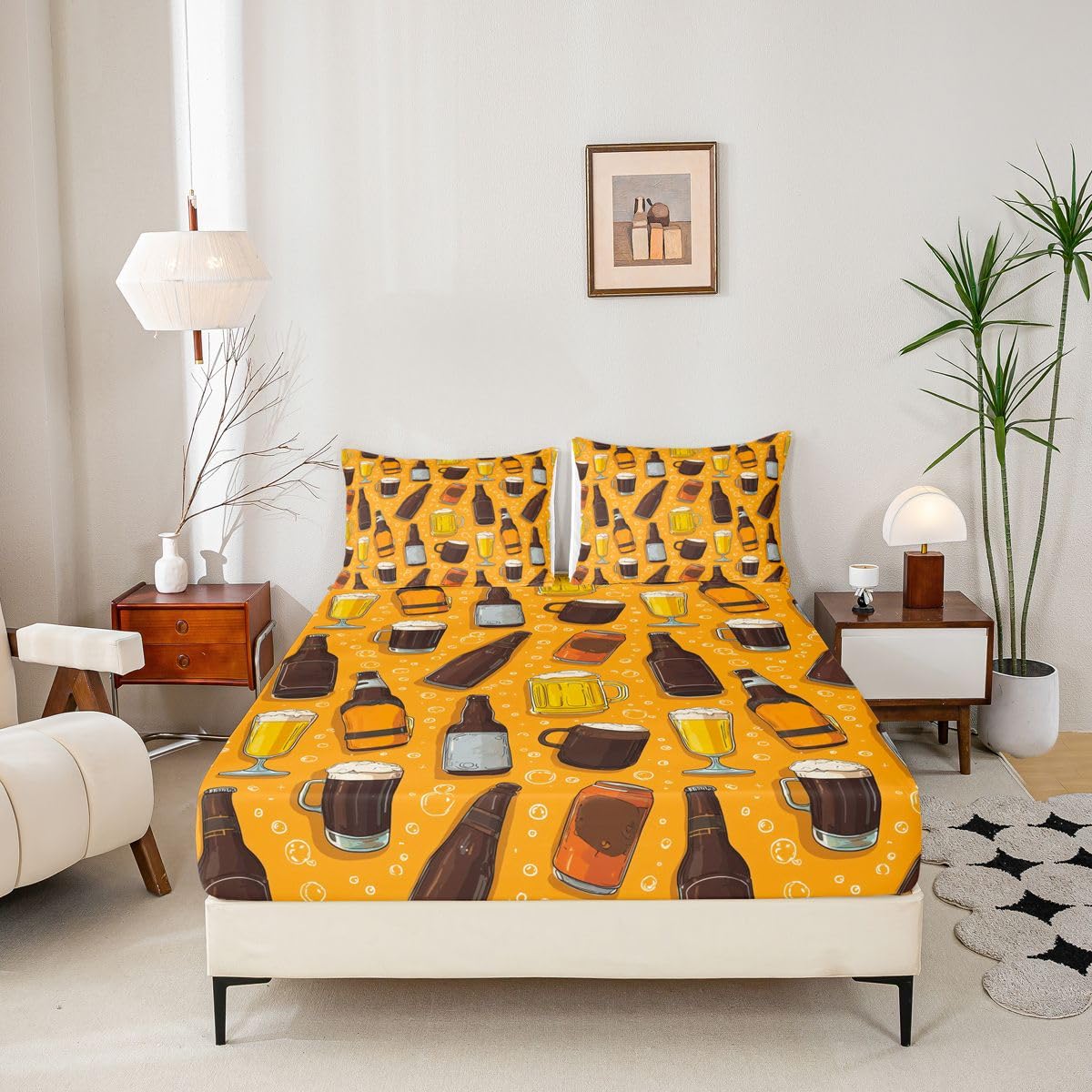 Beer Theme Fitted Sheets Full Size (No Flat),Beer Bottle and Glass Print Bedding Set 3Pcs,Kids Teens Woman Room Decor,Cheers Bed Sheet Drinking Beer Deep Pocket Sheet,2 Pillowcases