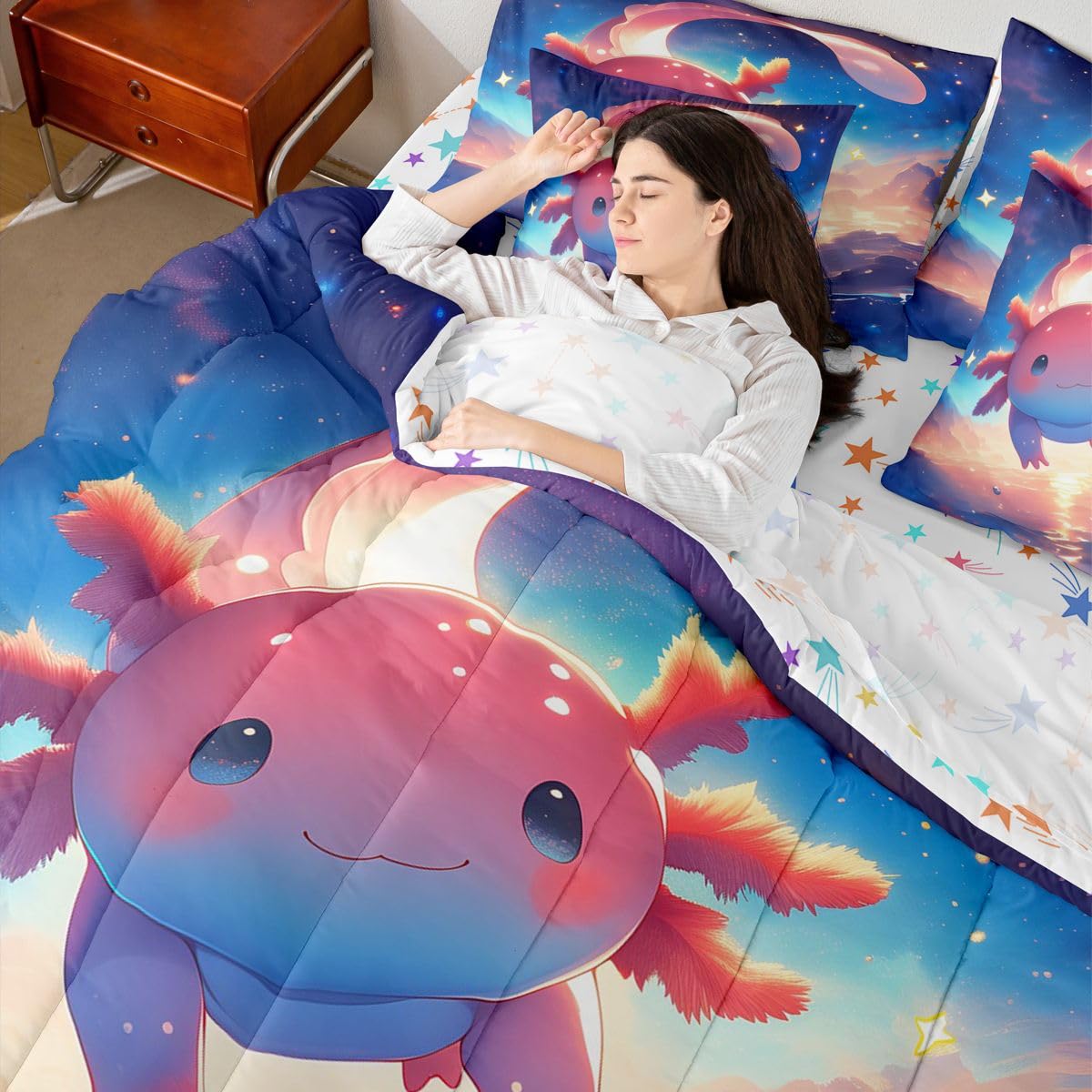 Erosebridal Ombre Axolotl Pink Blue Girls Kids 7 Piece Bedding Set Twin | Cartoon Animal Comforter Set with Sheets Dreamy Starry Bed in A Bag Galaxy Cloud Bed Sets