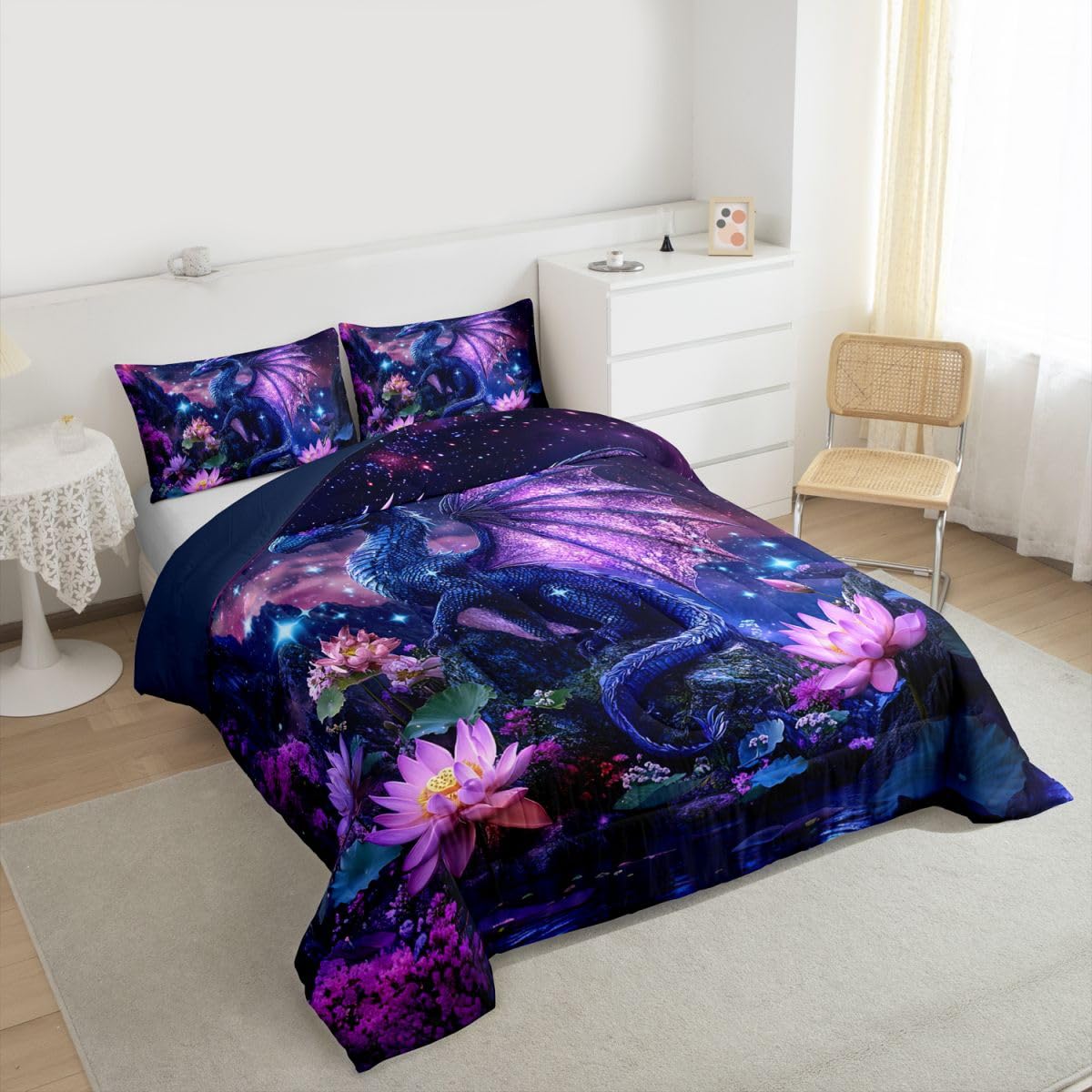 Feelyou Dragon Comforter Set Twin Size Dragon Stuff Bedding Set for Kids Boys Girls Wild Life Duvet Quilt Magic Wildlife Bedroom Decor Dull Purple Microfiber 2 Pcs with 1 Pillow Cases