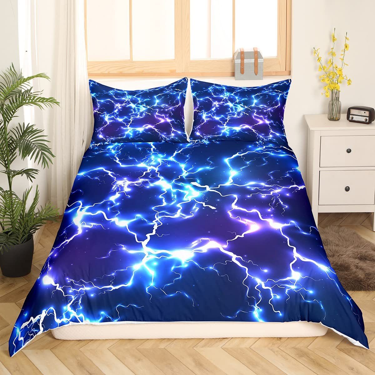 Neon Blue Lightning Strike Duvet Cover King,Game Lightning Bedding Set 3pcs for Kids Boys Teens Gamer Room Decor,Fashion 3D Shiny Comforter Cover Modern Gaming Cool Quilt Cover with 2 Pillowcases