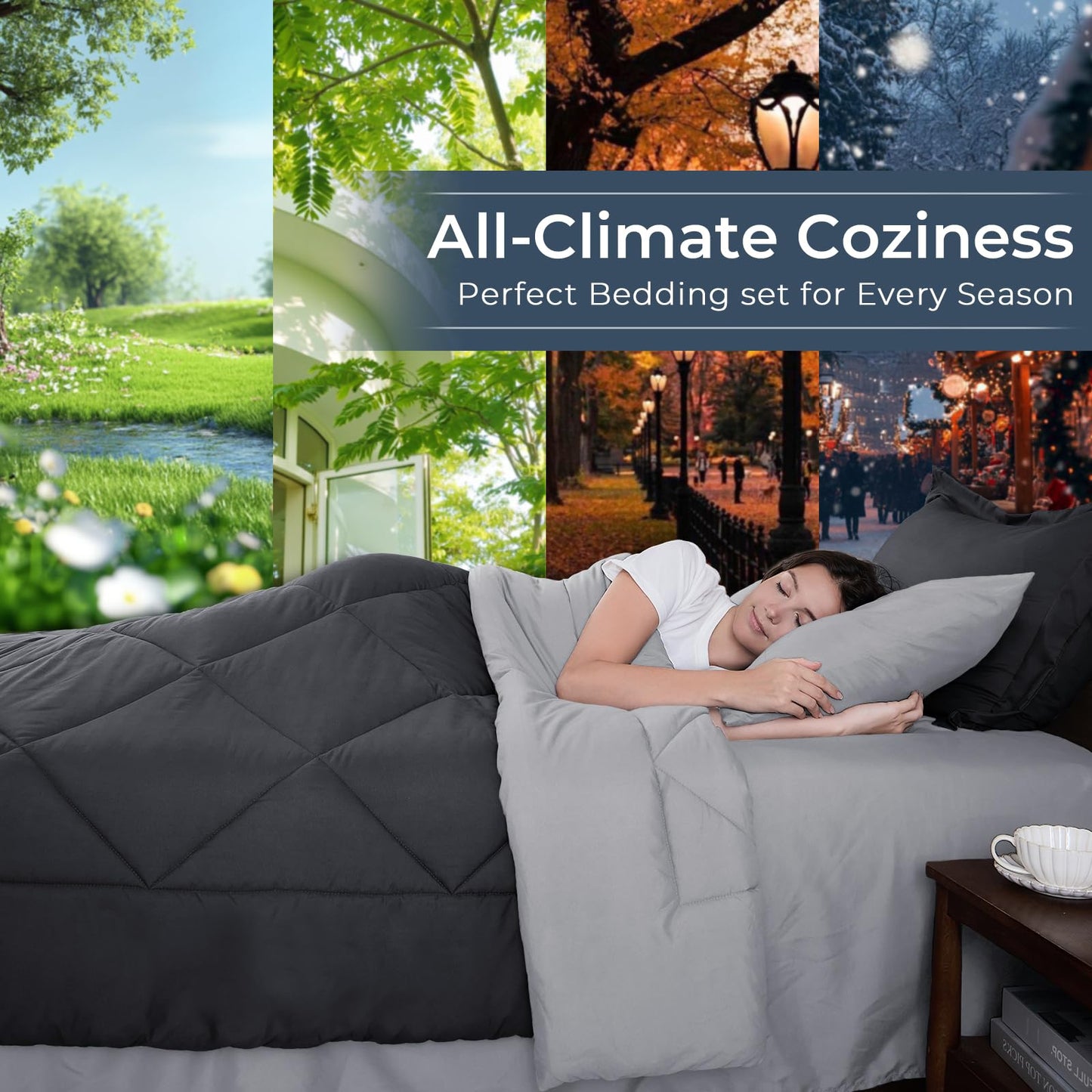 HEVUMYI Queen Comforter Set - 7-Piece All Season Bed in a Bag Queen, Ultra Soft Bedding Set with Comforter, Flat Sheet, Fitted Sheet, Pillowcases, Pillow Shams, Dark Grey & Light Grey