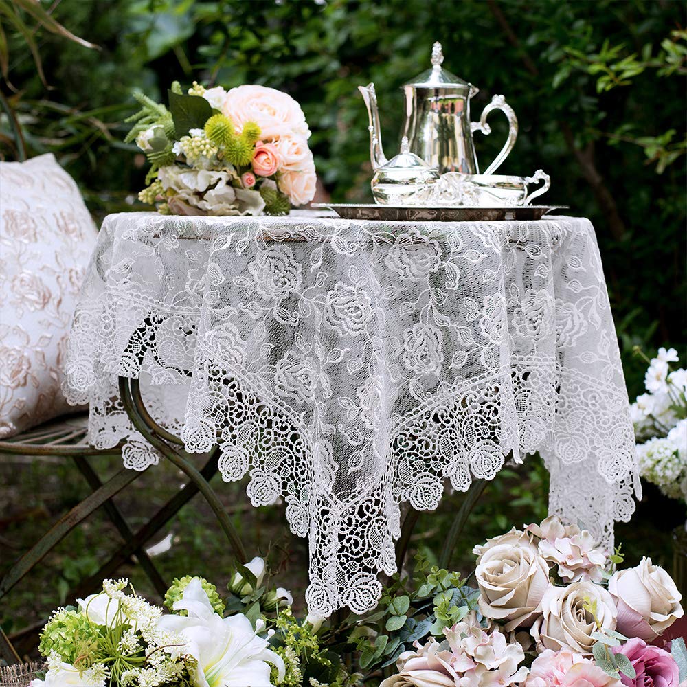 ARTABLE Rectangle Small Table Cloth Lace Macrame Vintage Tablecloth Shabby Chic Embroidered Oblong Table Cover for Wedding Banquet Holiday Long Dinner Tables (Offwhite, 43"x43")