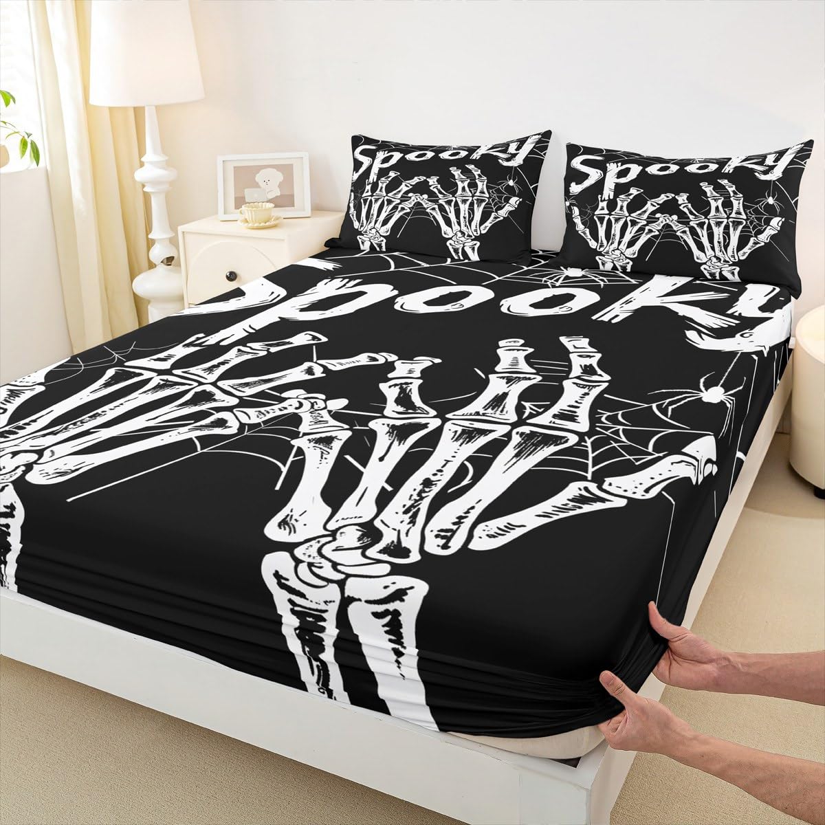 Feelyou Halloween Decor Fitted Sheet Full Size for Kids Boys Girls Skeleton Bones Bed Sheets Set 16" Deep Pocket Soft Breathable Microfiber Gothic Bedding with 2 Pillowcases Spider Web Room Decor