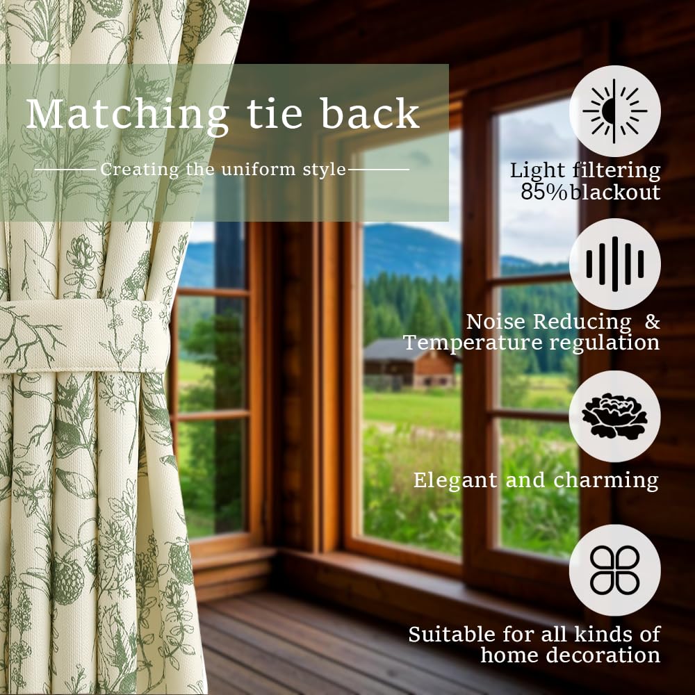 Autum Dream Blackout Curtains 2 Panels Chenille Curtains Drapes for Bedroom Back Tab Rod Pocket Poppy Floral Farmhouse Curtains for Living Room, Patio Doors,Green Floral, 52" W x 84" L