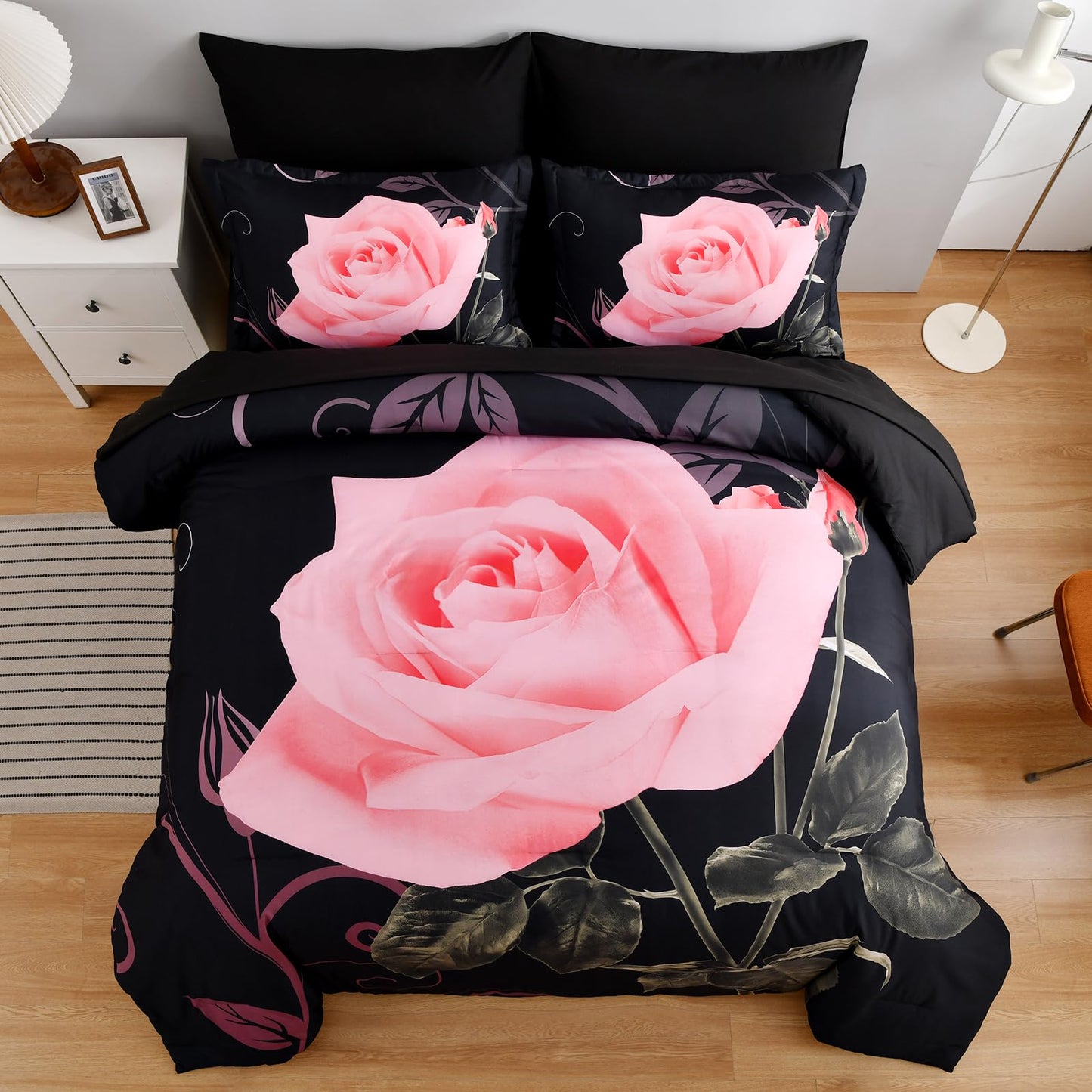 Xruibed Blush Comforter Set King 7 Piece Bed in a Bag Blush Rose Flower Comforter with Sheet Set Soft Micorfiber Bedding Set (1 Comforter,2 Pillow Shams,1 Flat Sheet,1 Fitted Sheet,2 Pillowcases)