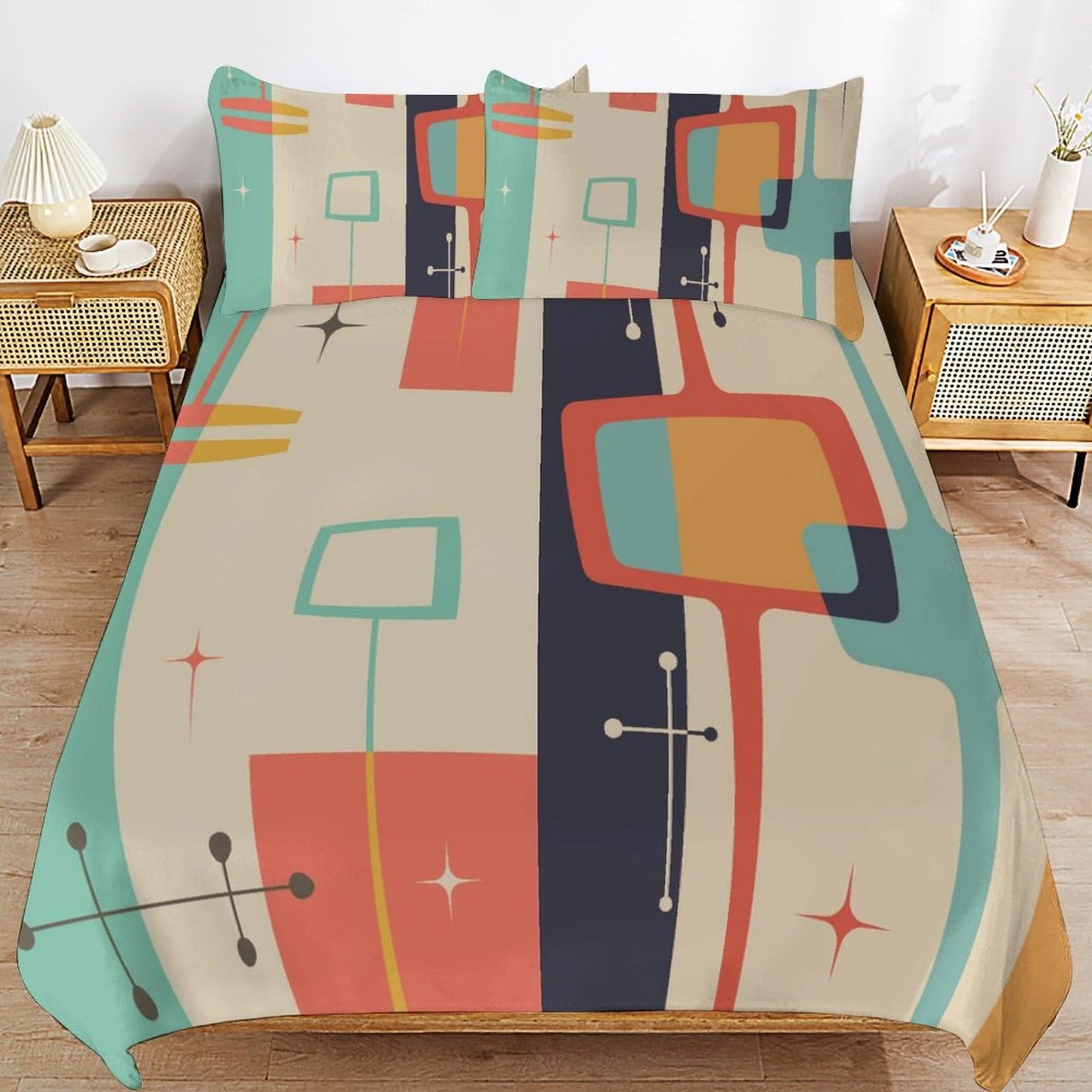 Mid Century Duvet Cover Queen Retro Atomic Bedding Set, Rainbow Grid Comforter Cover Vintage Fifties 1950s Bed Set，Abstract Art Bedding 3 Piece (1 Duvet Cover 86"x70" + 2 Pillow Sham 20"x30")