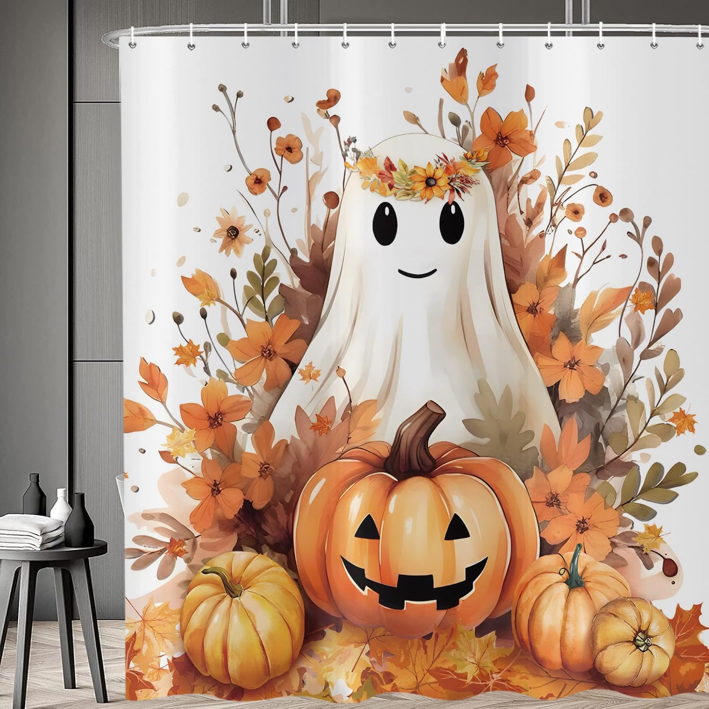 deFouliao Halloween Shower Curtain White Cute Ghost Fall Pumpkin Floral Bathroom Curtain Sets for Halloween Autumn Bath Home Decor, Waterproof Fabric Decor with Hooks 72x72 Inch