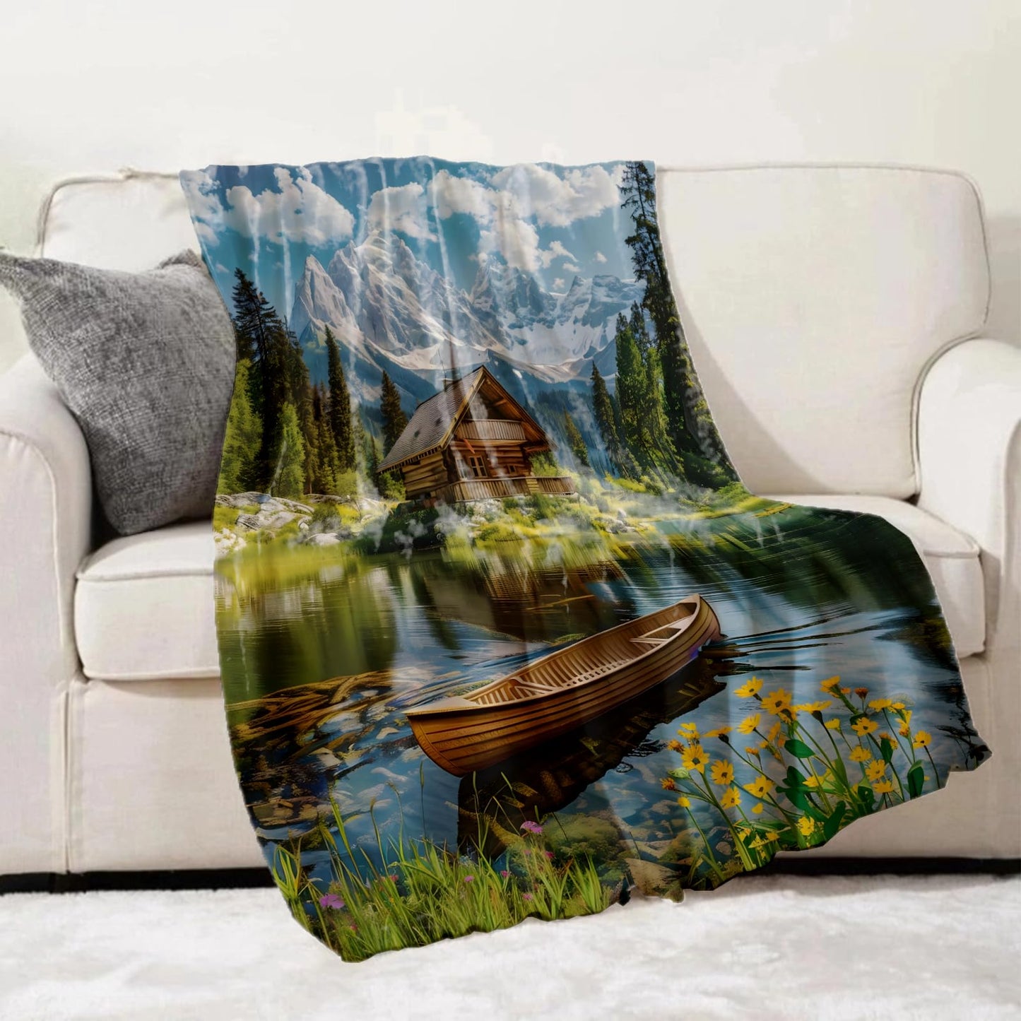 Turamurra Mountain Lake Cabin Throw Blanket Gifts for Kids Women, Scenic Alpine Cabin Canoe Nature Landscape Blankets for Home, Living Room, Bedroom Decor, Flannel Plush 50"x60"