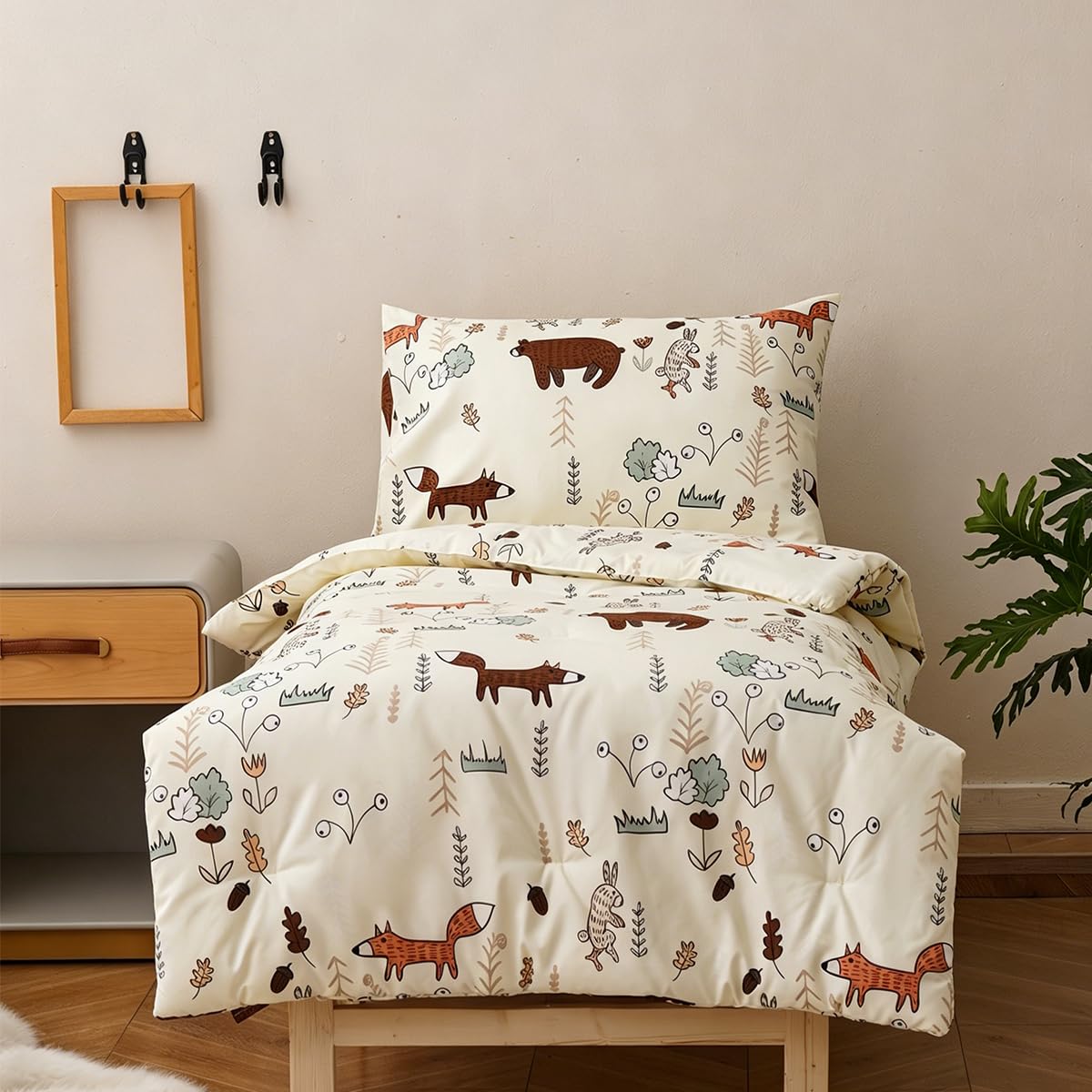 KAREVER Cartoon Toddler Bedding Set Bear Fox 4 Pieces Crib Bed Set Kids Cream Yellow Animal Print Comforter Set