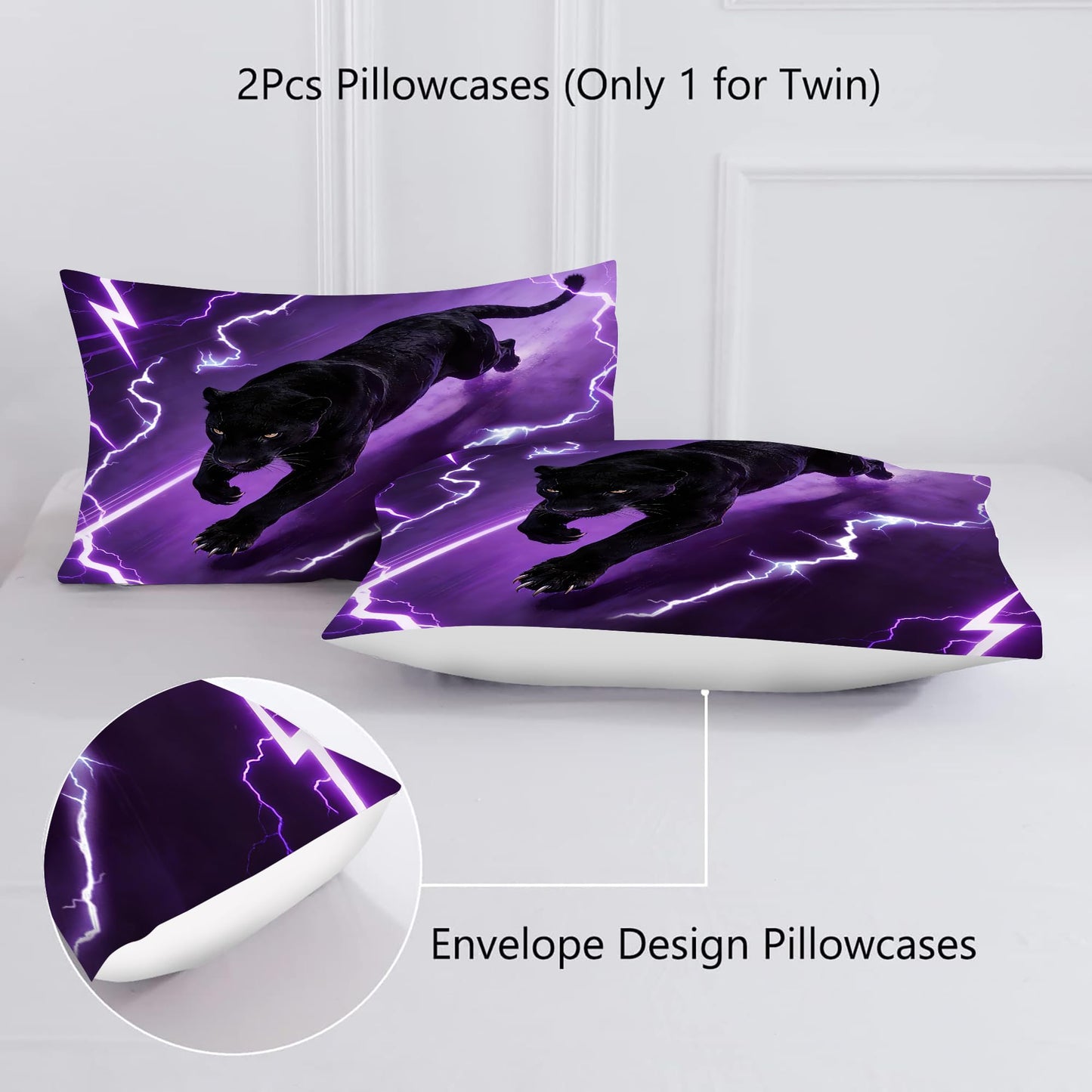 VTKON Purple Panther Comforter Set Full Size Lightning Black Leopard Bedding Set for Boys Teens Thunderbolt Cheetah Duvet Animal 3 Piece with 1 Comforter 2 Pillow Cases
