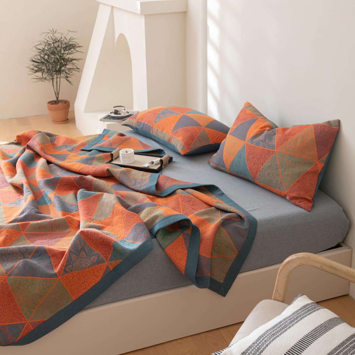 Purefair 100% Cotton Muslin Blanket Jacquard Bohomian Mandala Triangle Print Quilt, Soft Bed Cover Reversible Bedspread Coverlet Breathable Lightweight Bedding Full/Queen(78"x94"), No Pillow Sham