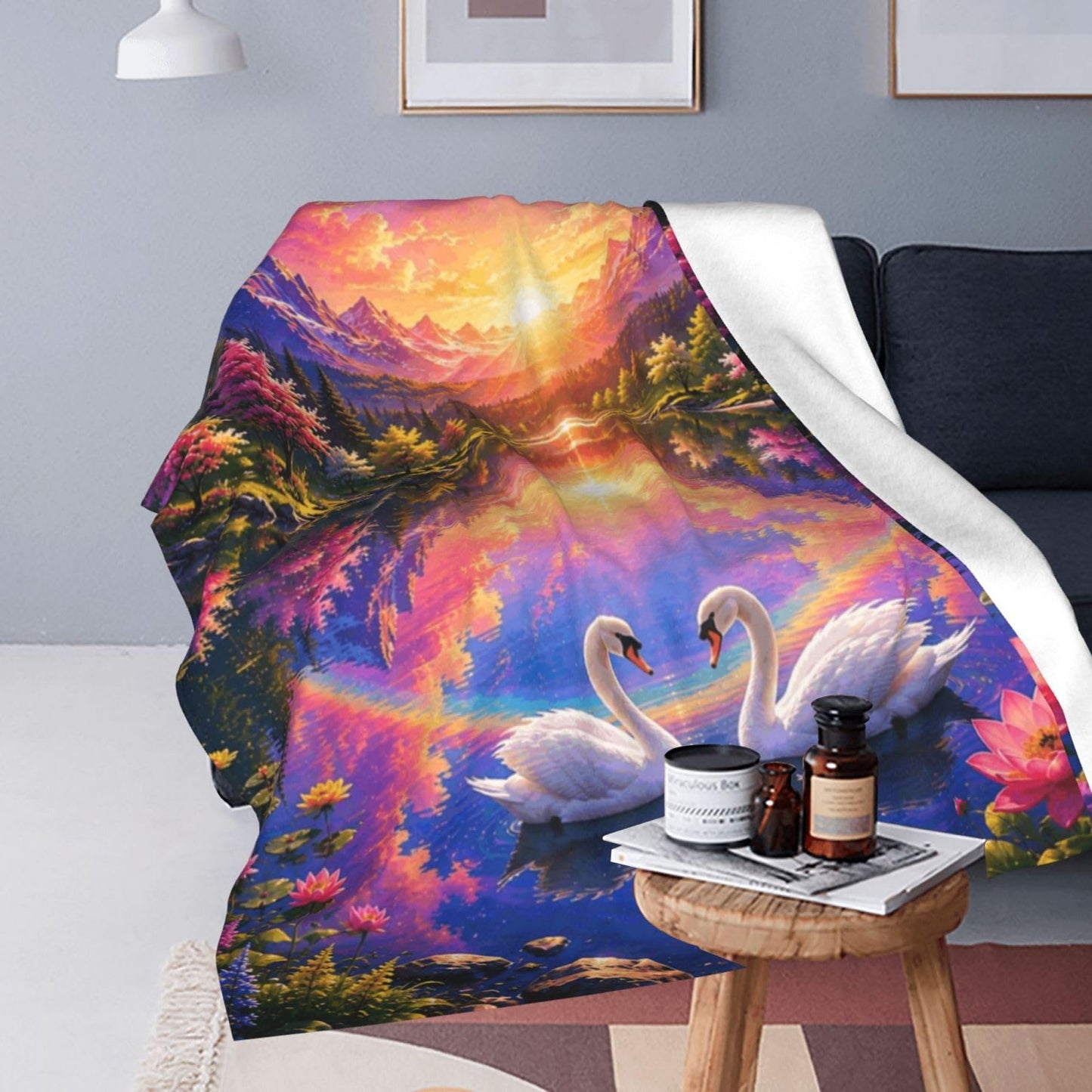 TZJCCMAY Couple Swan Blanket for Kids Women Adults, Fantasy Sunset Lake Throw Blankets, Soft Lightweight Fleece for Bed Sofa Home Living Room Decor, Birthday Gifts, 50x60in