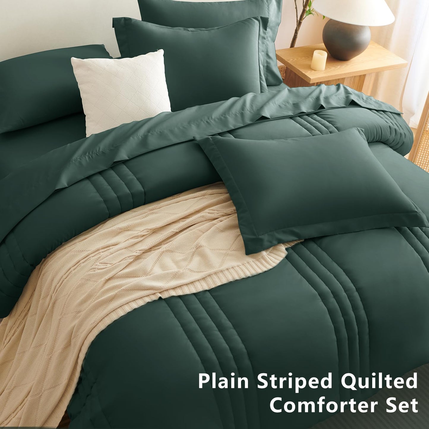 CozyLux Full Size Comforter Sets Forest Green - 7 Pieces Bed in a Bag, Modern Vertical Quilted Room Decor, Soft All-Season Bedding Gift with Comforter, Sheets, Pillowcases & Shams