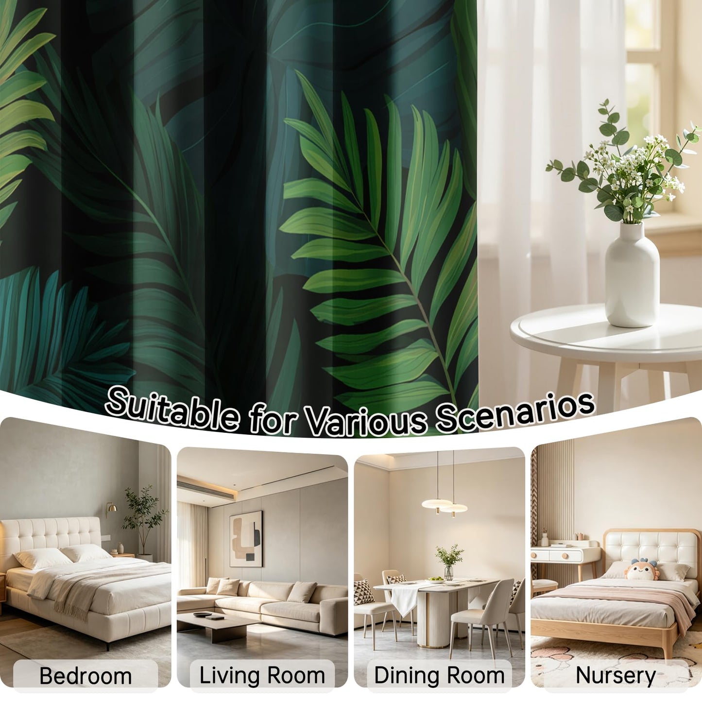 Mistwalk Green Monstera Leaf Curtains Blackout, 54 Inch Curtains for Bedroom & Living Room, Room Darkening Thermal Insulated Grommet Drapes, Tropical Rainforest Patterned Window Treatments