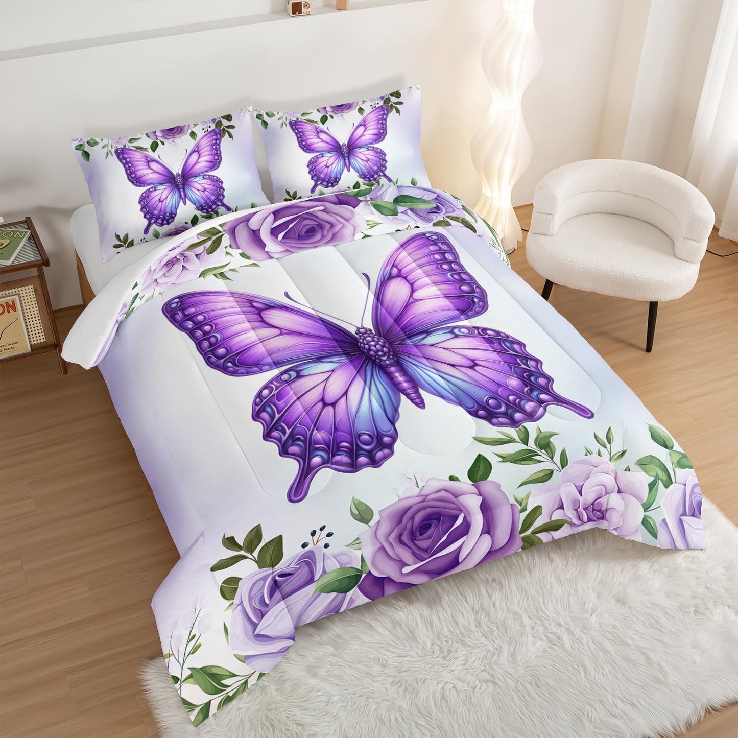 UEVBF Beautiful Butterfly Bedding Comforter Set Twin Size,Blossoming Flowers Pattern Bedding Set for Kids Girls Toddlers Room Decor,Nature Insect Themed Bed Comforter Sets with 2 Pillowcases.