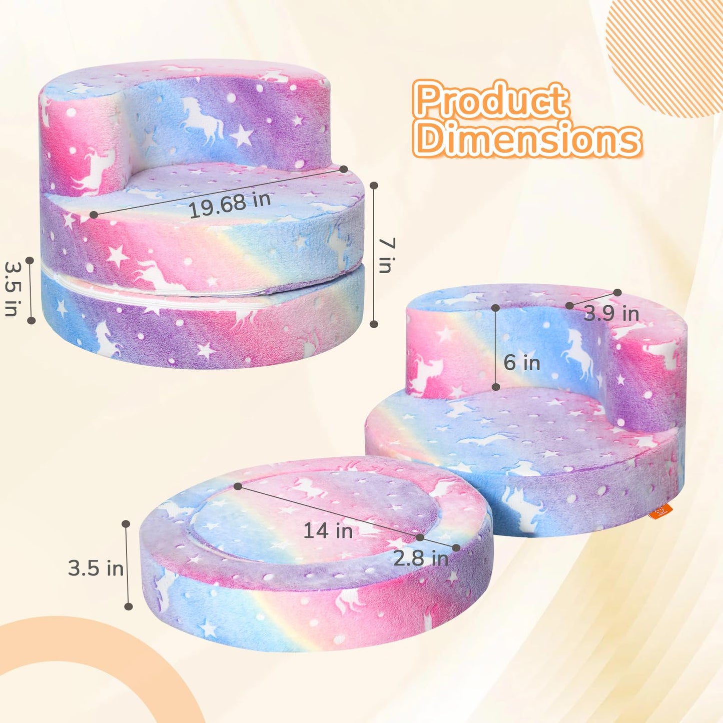 MeMoreCool Unicorn Kids Couch, Flip-Open Kids Chair, Glow Print, Rainbow