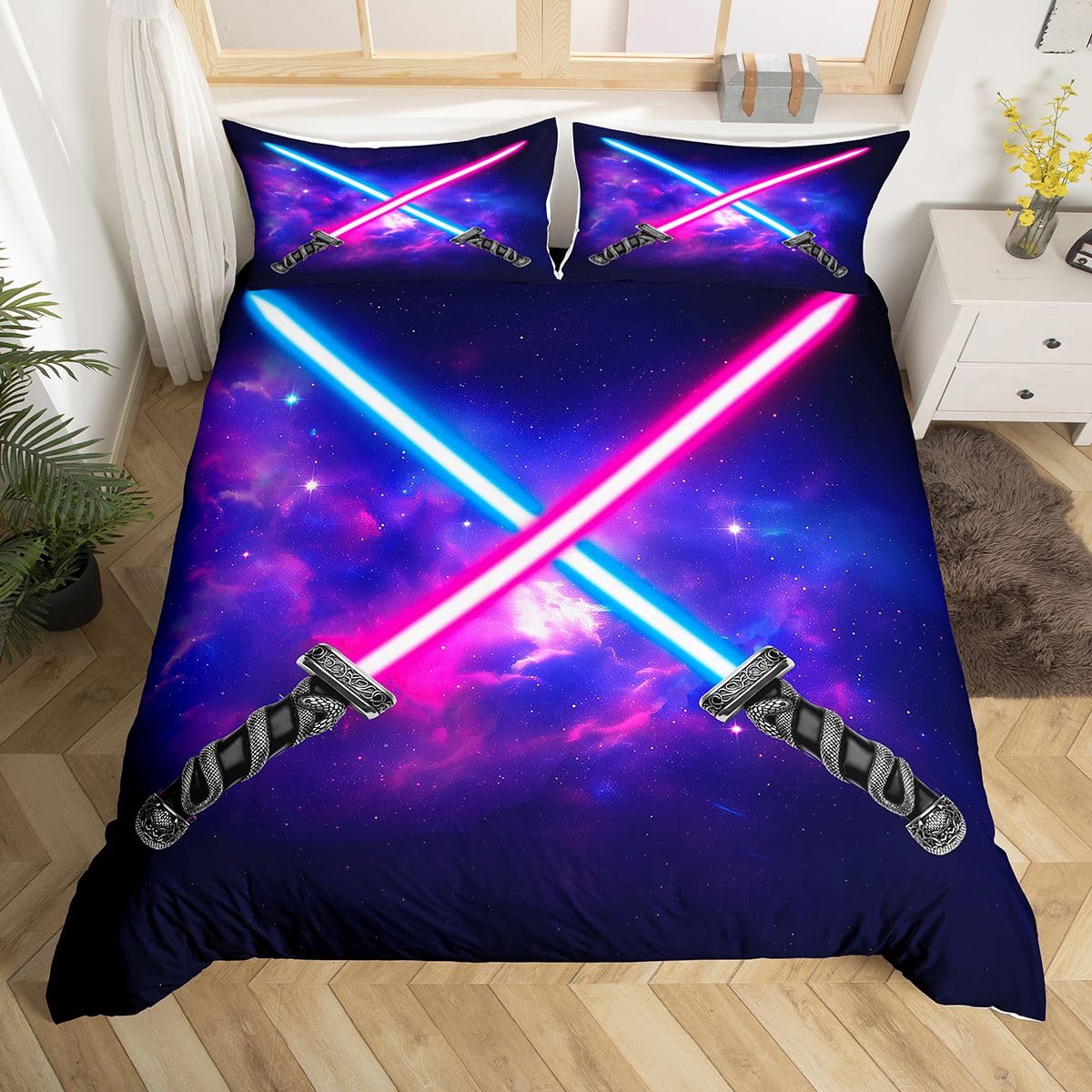 Manfei Kids Lightsaber Duvet Cover Set Queen Size Light Saber Sword Bedding Set 3pcs for Boys Teens, Blue Purple Starry Sky Comforter Cover Galaxy Outer Space Bedspread with 2 Pillowcases,No Comforter