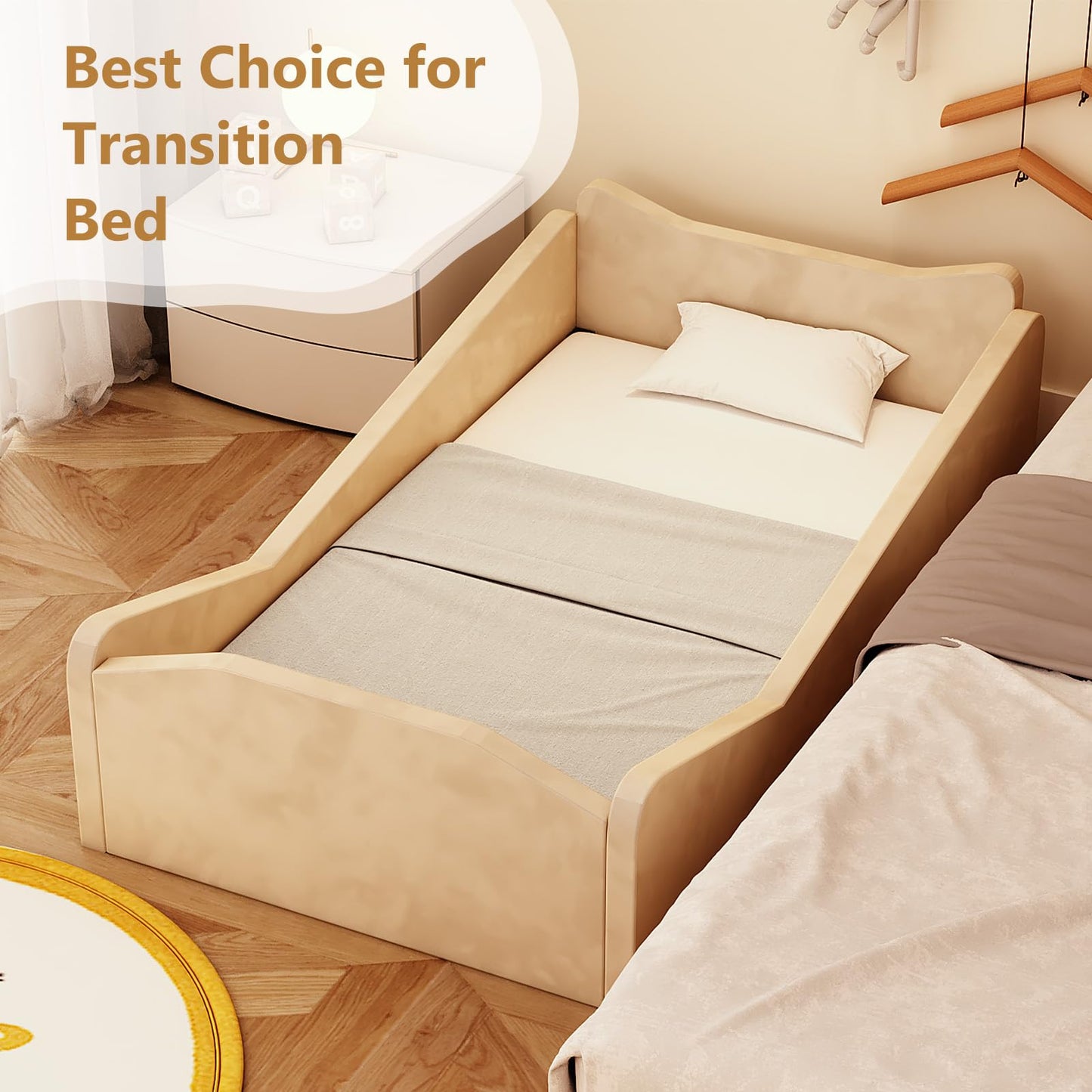 JOYMOR Toddler Bed, Floor Bed with Safety Guadrail, Montessori Toddler Bed with Animal Ear Shapes, Soft Velvet Wood Bed for Infant, Kids, Mattress not Included (Beige)
