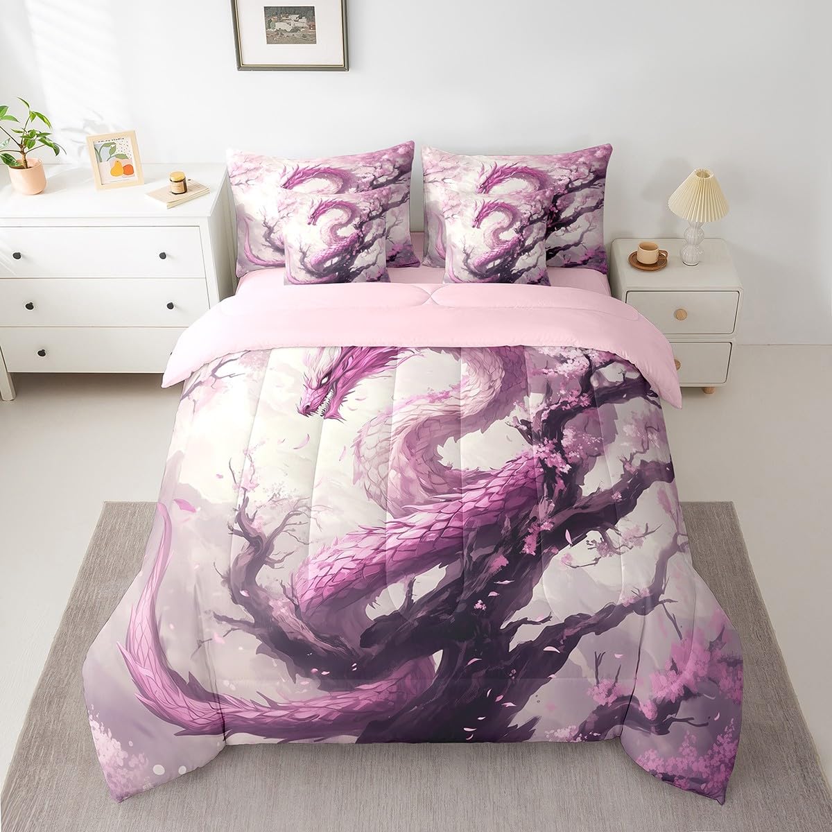 7 Pieces Cherry Flower Dragon Comforter Set Queen,Japanese Style Blossom Bed Set for Kids Boys Girls,Pink Dragon Bedding(1 Comforter,1 Fitted Sheet,1 Flat Sheet,2 Pillowcases,2 Throw Pillow Cover)