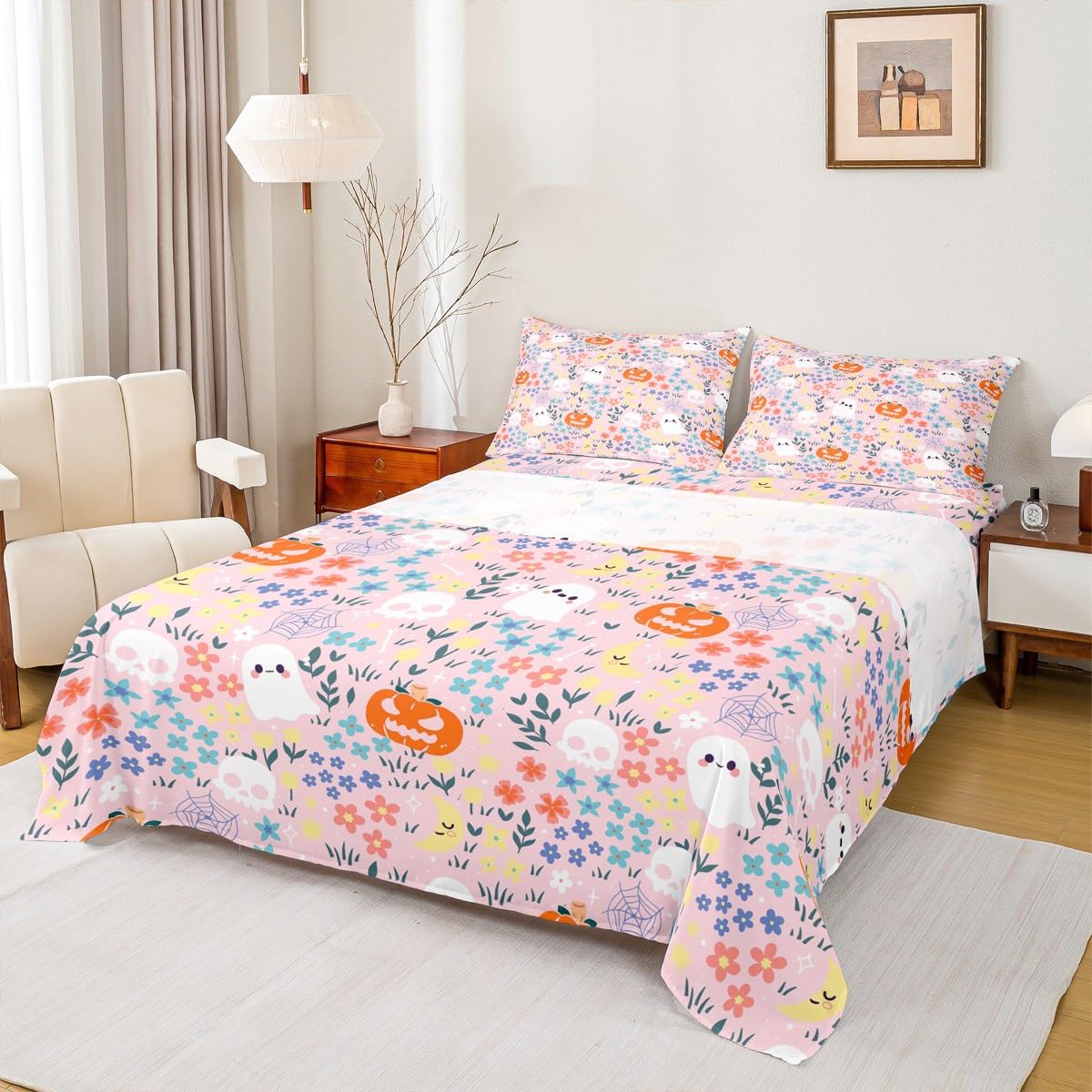 jejeloiu King Size Cute Halloween Bed Sheets Set for Kids Boys Girls Ghost Pumpkin Floral Fitted Sheet Pink Boo Spooky Bedding Set Bedroom Decor Breathable Soft Lightweight Microfiber 4Pcs