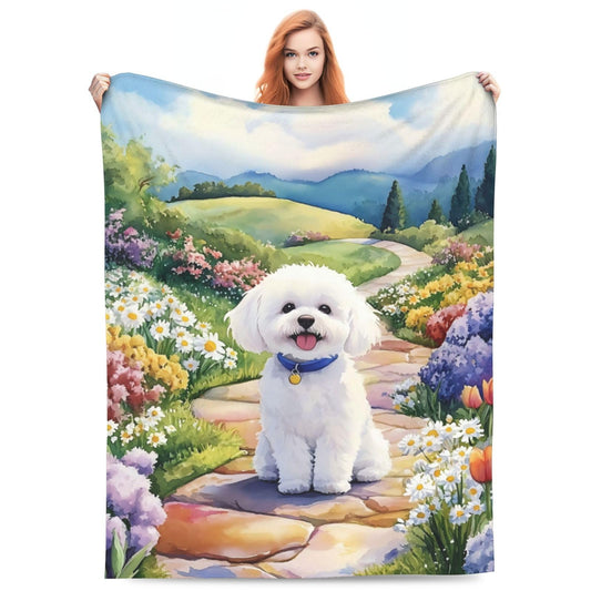 Bichon Frise Blanket Gifts for Women Men Kids, Colorful Flower Puppy Flannel Throw Blanket, Warm Lightweight Cozy Plush Blankets for Couch, Bed, Travel, Home, Living Room, Camping, Decor 60x50in