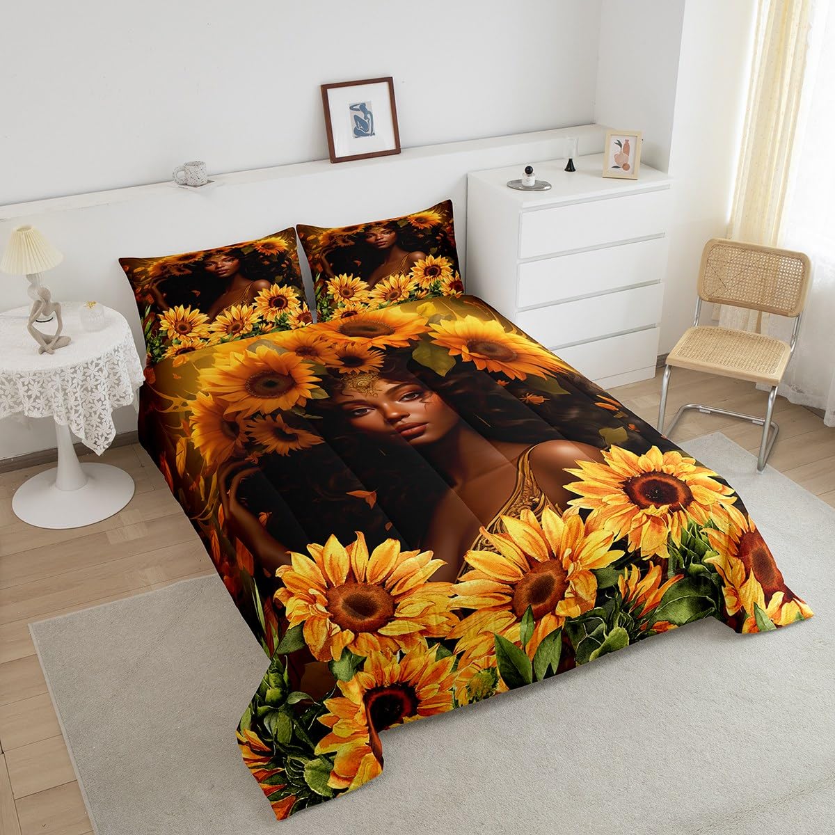 Black Girls Bedding Set Queen Size,American African Beauty Comforter Set for Kids Women Teens Adult Bedroom Decor,3D Sunflower Plants Quilt Set Nature Romantic Duvet Insert 3Pcs,2 Pillowcases