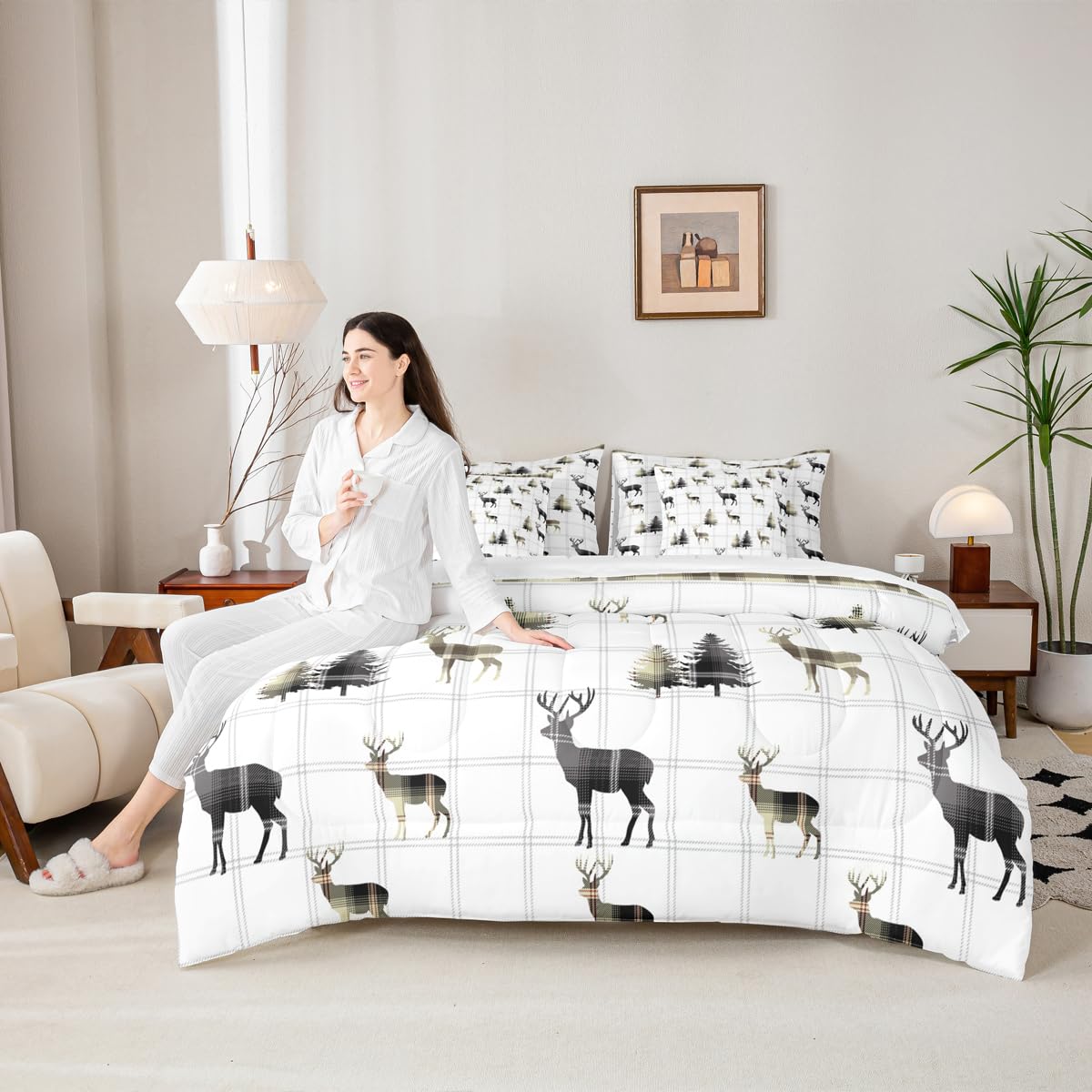 jejeloiu Cute Deer Comforter Set with Sheets 7 Piece Twin Size Antlers Bed in a Bag Kids Boys Girls Pine Tree Bedding Set Bedroom Decor Breathable Soft Lightweight Microfiber