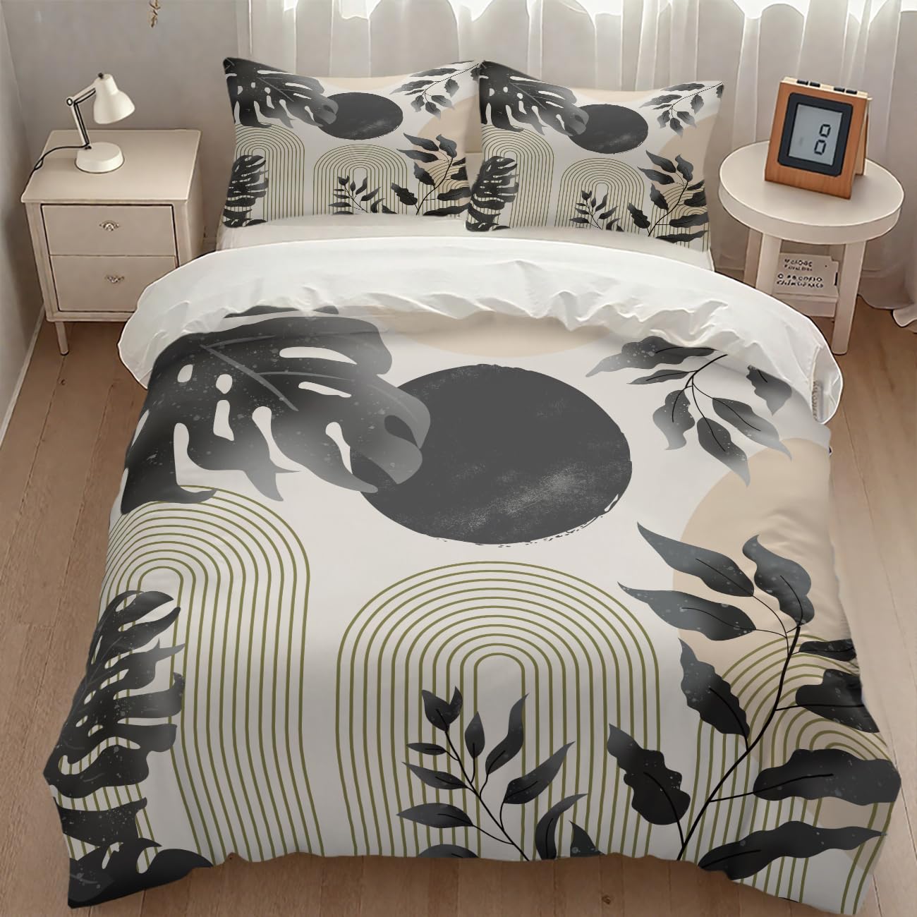 Lnepty Mid Century Leaf Bedding Set,Boho Grey Tropical Plant Palm Leaves Abstract Minimalist Geometic Modern Comforter Set with Pillowcase for Bedroom Bed Decor，Twin 86"x70"