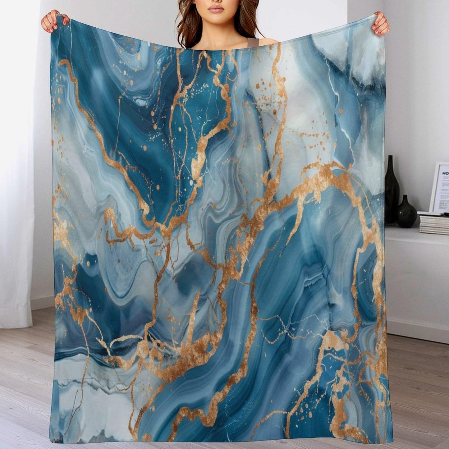 Marble Throw Blanket for Bed Sofa, 40"x50" Super Soft Warm Cozy Fluffy Plush Blanket, Modern Abstract Foil Stone Texture Gold Blue Marble Flannel Couch Blanket for Travel Camping
