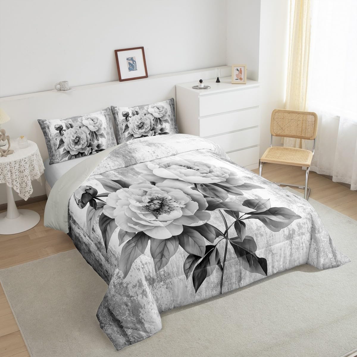 Erosebridal Watercolor Peony Floral Queen Comforter Set Abstract Oil Painting Bedding Set Rustic Farmhouse Bed Set Gray White Flowers Quilt Set