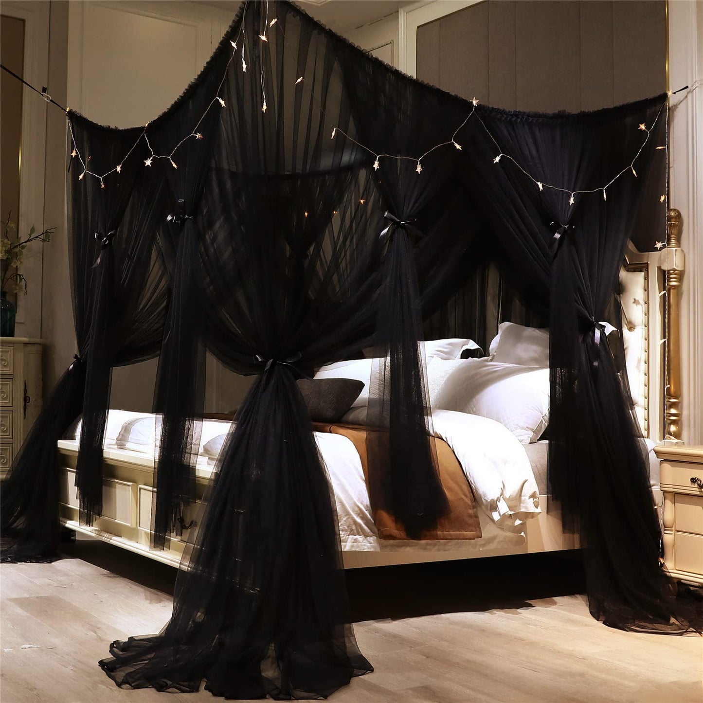 VETHIN 4 Corners Post Princess Bed Canopy Curtain Double Layer Cozy Drape Netting 4 Opening Mosquito Net for Girls & Adults Bedroom Decoration Accessories (Double Black, 78" W*86" L*82"*H/(King))
