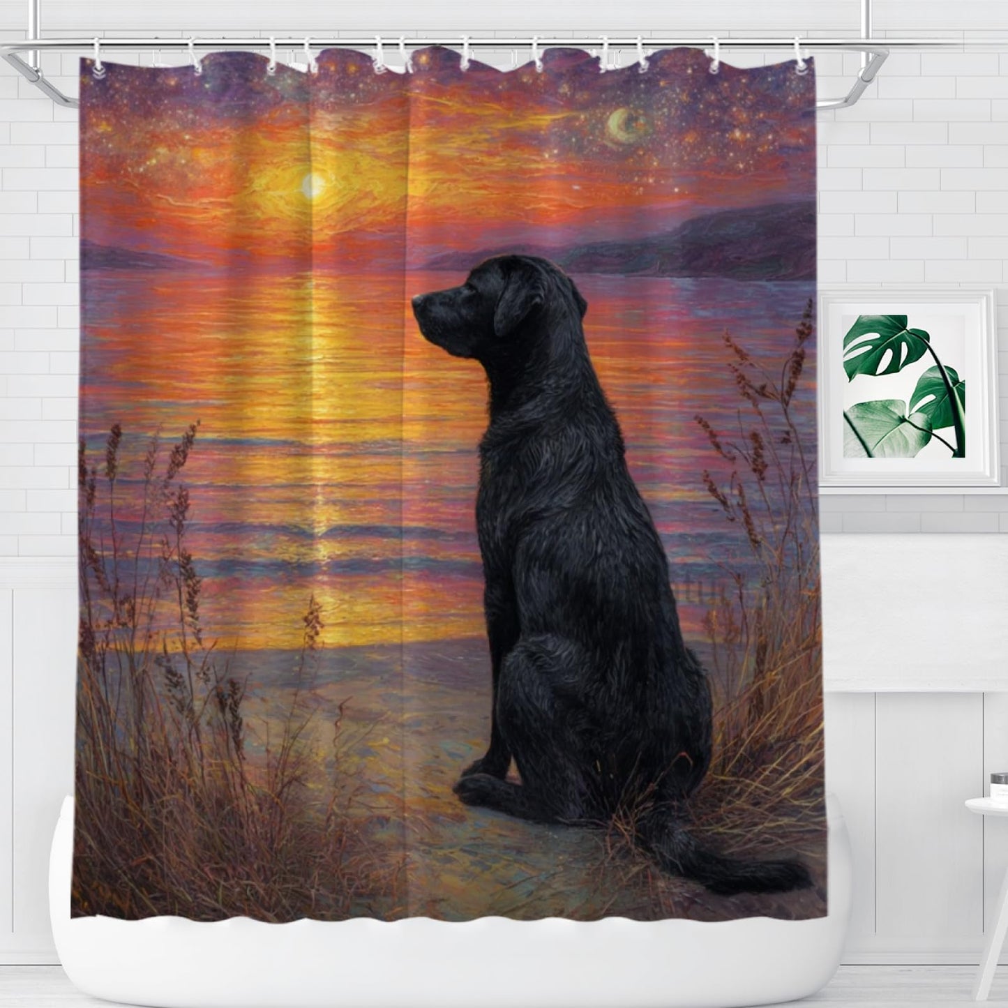 Wordatu Black Labrador Dog Shower Curtain on Sunset Sunrise Beach Seascape Art Shower Curtain Set, Nautical Ocean Bath Accessories Coastal Seaside Bathroom Decor 72x72 Inches