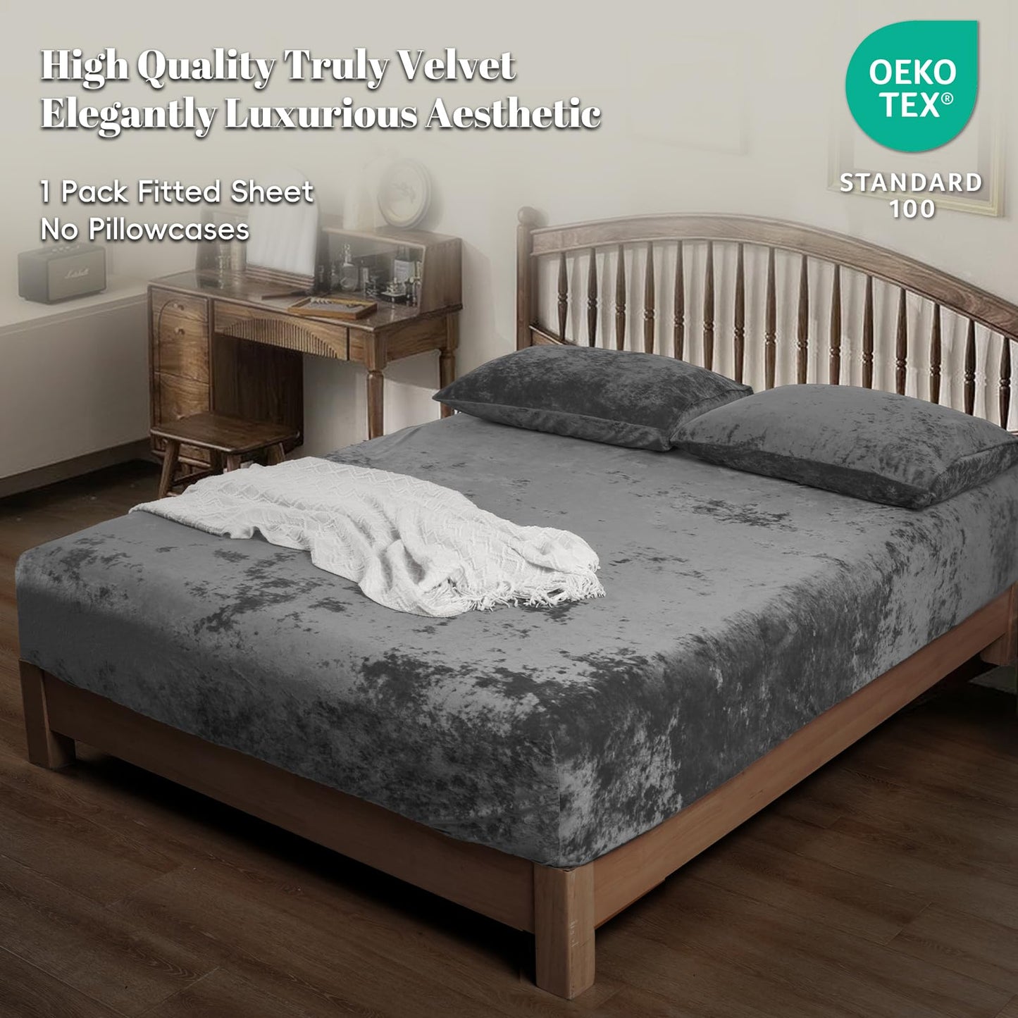 PHF Truly Velvet Fitted Sheet Only Full Size, Luxury Super Soft Cozy Fuzzy Fleece Bottom Sheet, Deep Pocket Up to 16",Strenghth Elastic Band, Suitable for Fall Winter Spring, No Pillowcases, Dark Grey