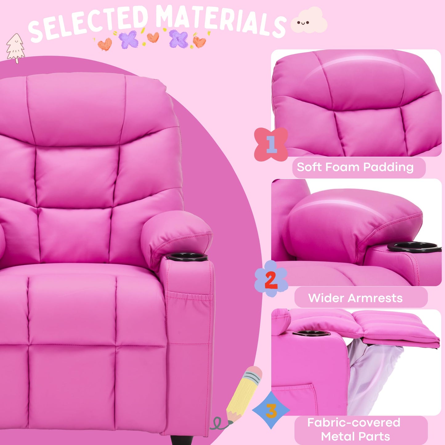 Donut Larger Kids Reclining Chair PU Leather Recliner Sofa Push Back Lounge Children Toddler Boys Girls Ages 3-12 with Dual Cup Holders and 4 Pockets