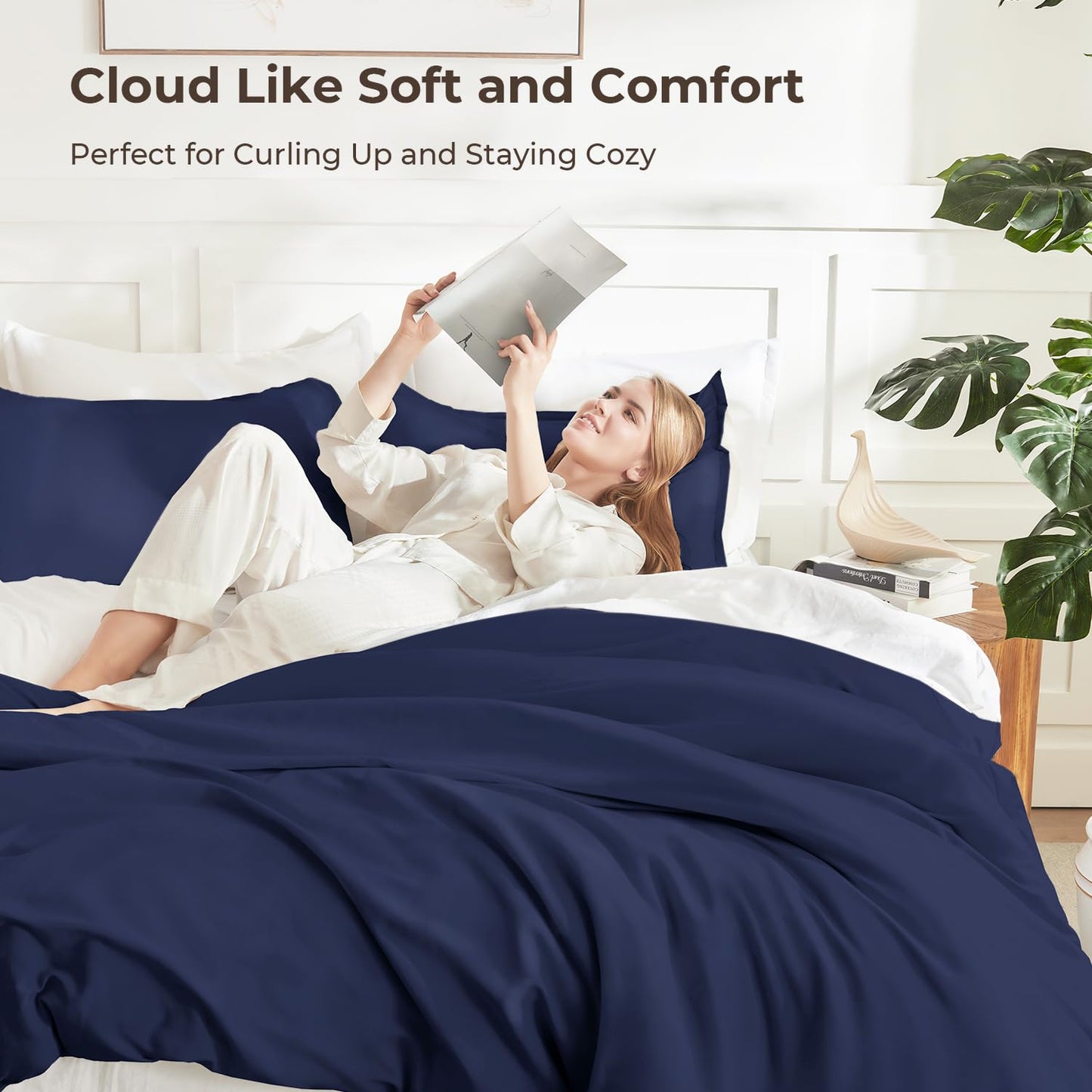 Litanika Navy Blue Comforter Set King Size, 3 Pieces Lightweight Solid Bedding Comforter Set, All Season Fluffy Bed Set (104x90In Comforter & 2 Pillowcases)