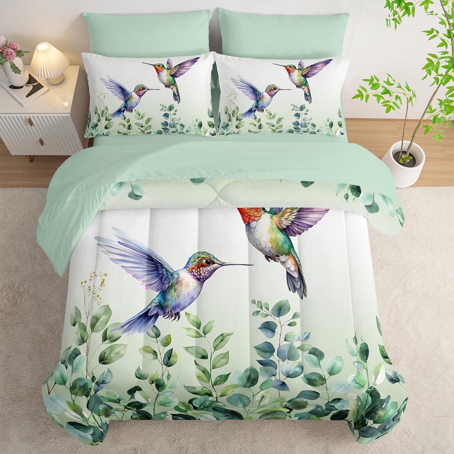 AILONEN Hummingbird Comforter Set,7-Piece Boho Green Forest Leaf Hummingbird Bedding Set Bed in a Bag Twin Size,Cute Birds Animal Comforter & Fitted Sheet & Flat Sheet & 2 Pillowcases,Soft Microfiber