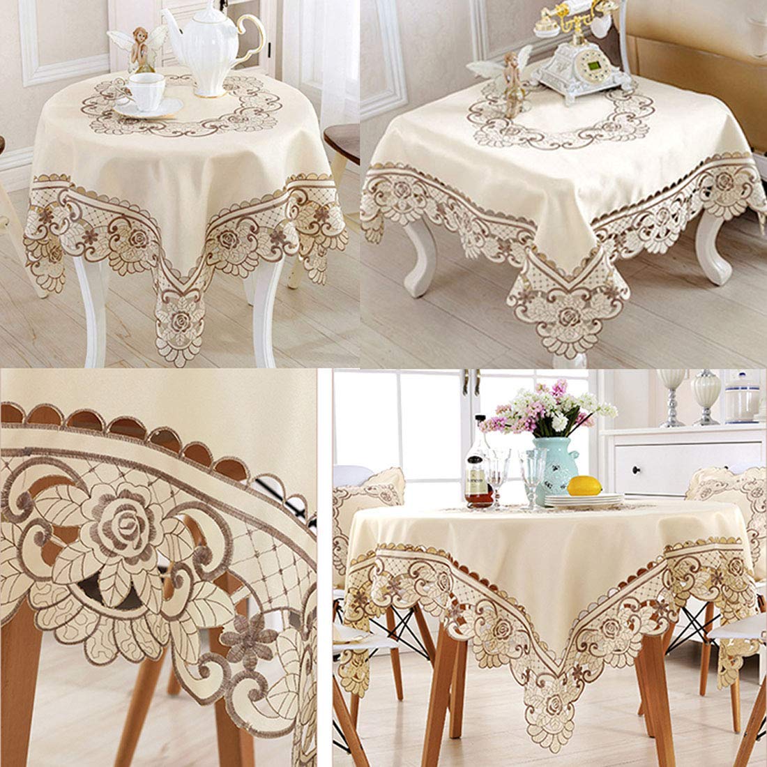 LeLehome Brown Flower Embroidered Lace Cream Beige Square Tablecloth, Vintage Classic Dining Table Cloth Wrinkle Free Table Cover 57 Inch x 57 Inch Party