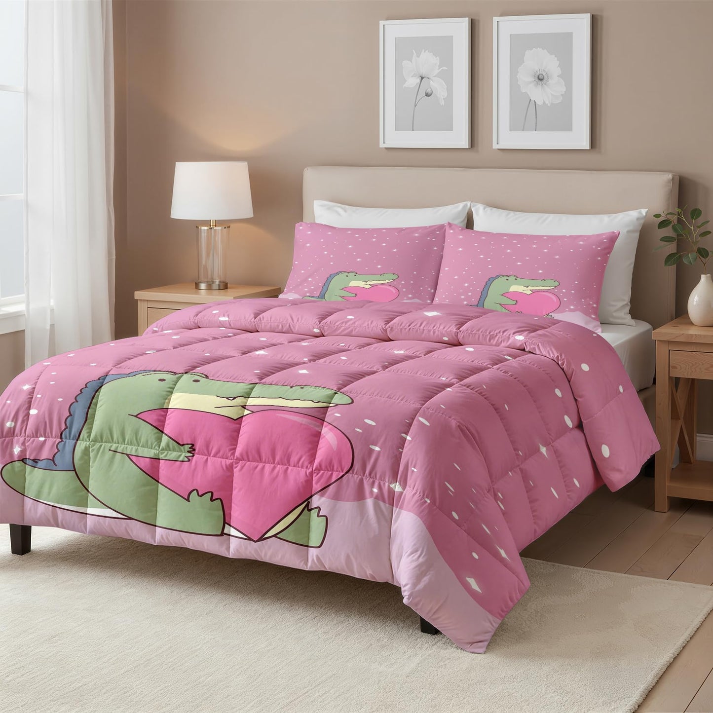 Alligator Comforter Set Twin Size 2 Pcs - All Season Comforter & Pillowcase, Crocodile Bedding Set, Soft Lightweight Down Alternative Duvet Insert, Girls Pink Valentines Day Bedroom Decor