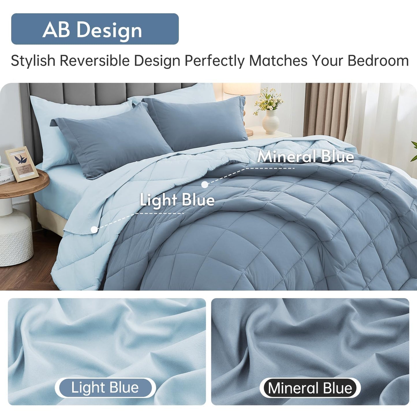 MUXHOMO 7 Pieces California King Comforter Set, Reversible Bed in a Bag Cal King Size, All Season Bedding Set with Comforter, Flat Sheet, Fitted Sheet, Pillowcases & Shams, Mineral Blue & Light Blue