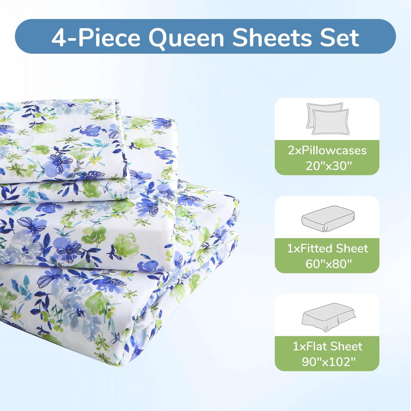 MUXHOMO Queen Size 4 Piece Sheet Set, Soft & Breathable Sheet for Bedroom with Deep Pocket Up to 16", Wrinkle-Free & Cooling Bed Sheet with Flat Sheet, Fitted Sheet & Pillowcases - Aqua Bloom