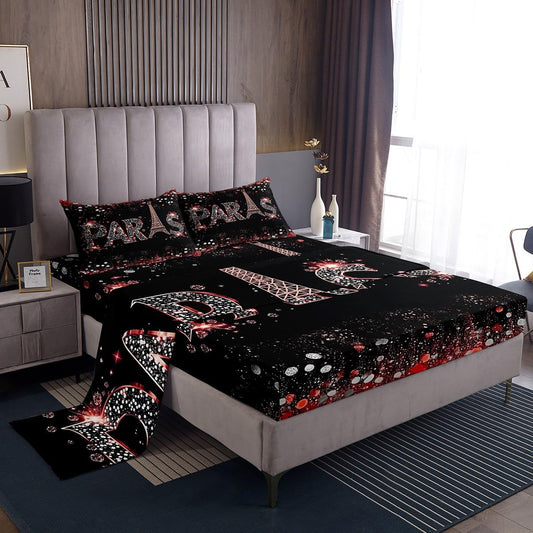 Manfei Eiffel Tower Bed Sheet Set Full Size 4pcs,Red Silvery Romantic Paris Bedding Set,Romantic Tower Flat Sheet + Fitted Sheet for Kids Girls Boys Teens Room Decor