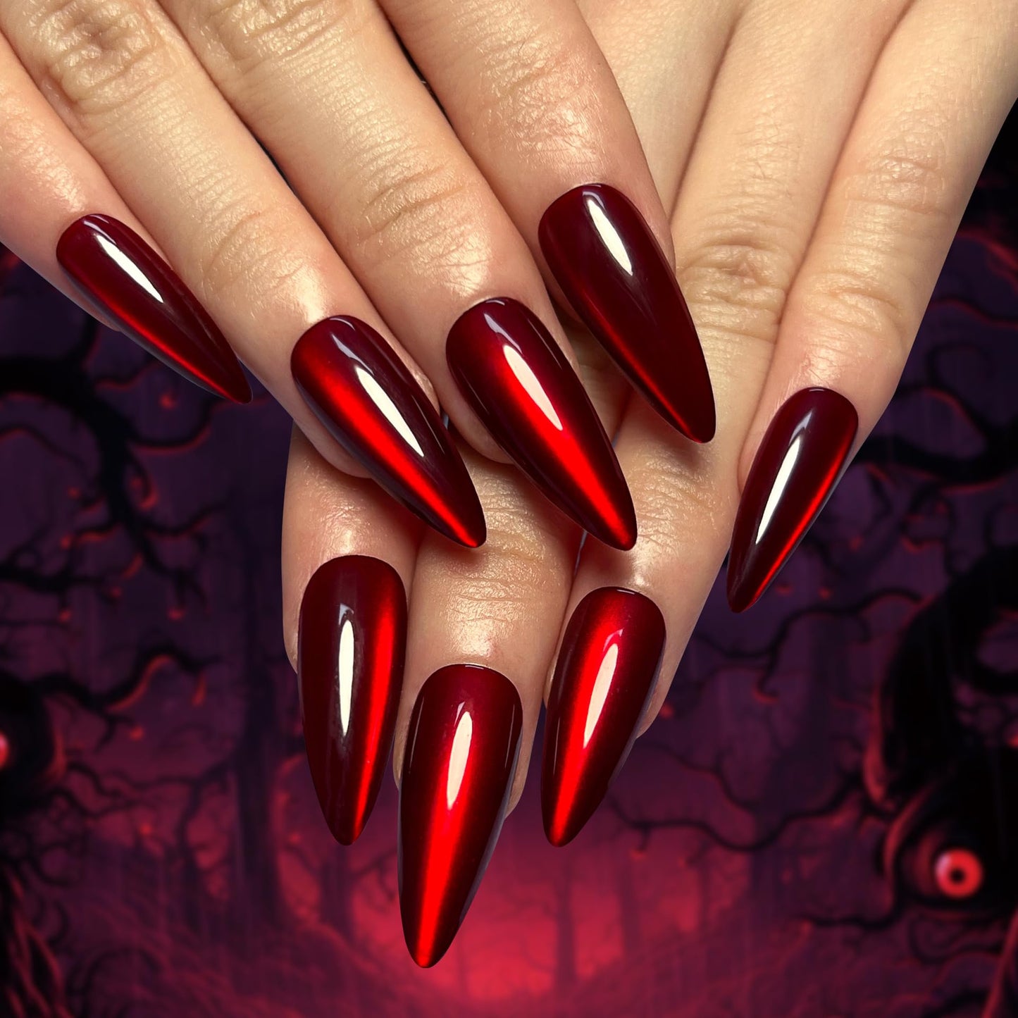 evpct Dark Red Cat Eye Press on Nails Almond Long No Glue, Soft Stick on Nail Long Almond for Women Gift, Bloond Red Metallic Glitter Soft Reusable Full Cover Press on Acrylic Fake Nail with Designs