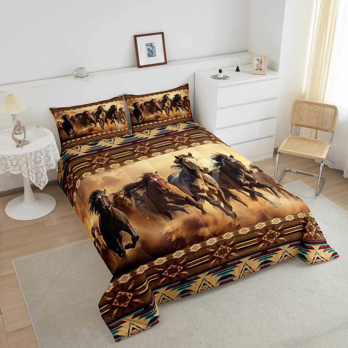 Feelyou Boho Comforter Set King Size Horses Comforter Southwestern Native Aztec Bedding Set Retro Exotic Boho Duvet Set Room Decor Dark Brown Quilt Set