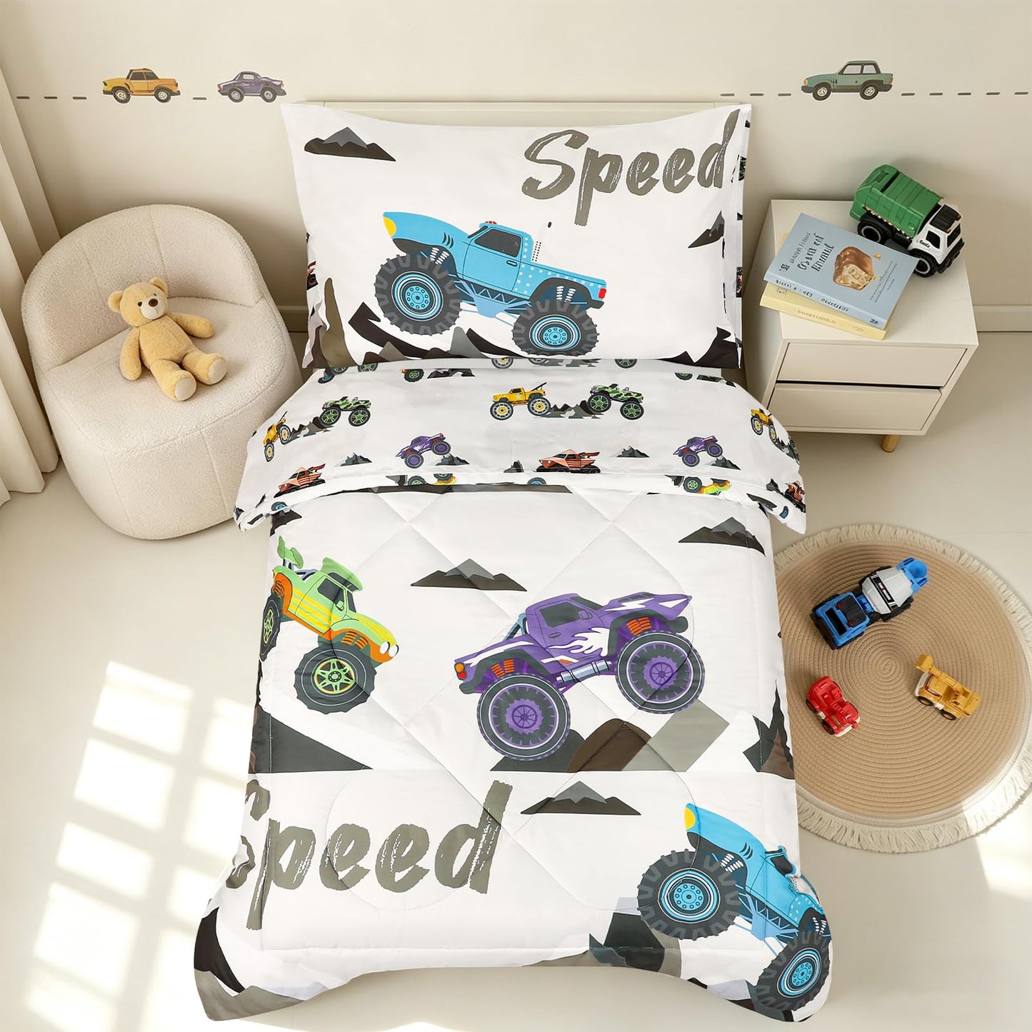 DAYEEBALL 4 Piece Toddler Bedding Set, Ultra Soft and Breathable Cartoon Car Toddler Comforter Sets for Boys Includes Quilted Comforter, Fitted Sheet, Flat Sheet and Pillowcase